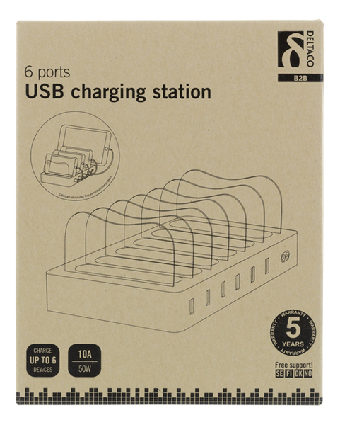 DELTACO USB laddningsstation, 6x USB-A portar, 5V DC, 10A, 50W, vit