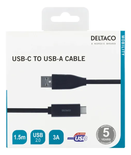 Deltaco Mobility USB-A – USB-C 2.0 - cable, 1.5 m, Black