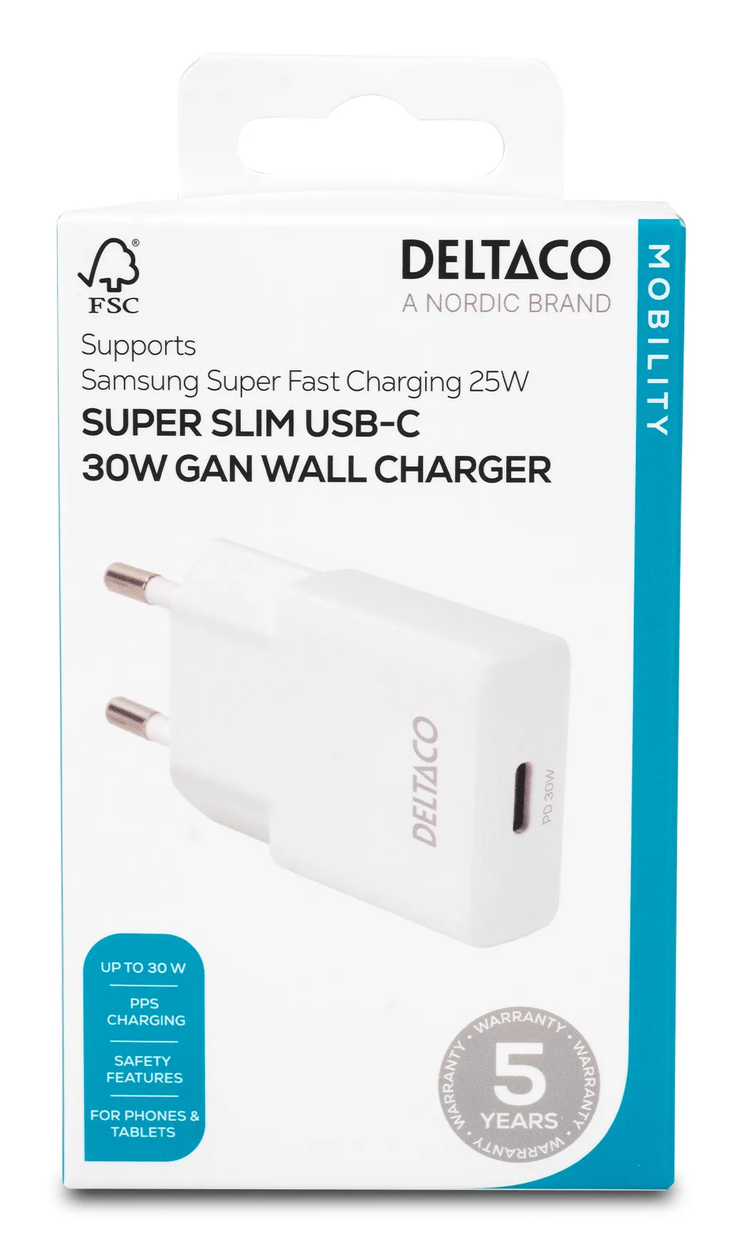 DELTACO USBC-AC156 30 W - Virtal&auml;hde, Valkoinen