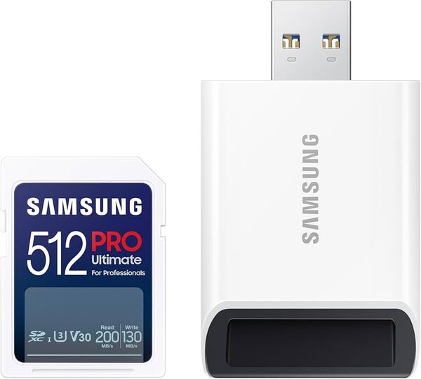 Samsung PRO Ultimate 512 Gt SDXC UHS-I U3 V30 A2 -muistikortti + SD-kortinlukija, musta/valkoinen