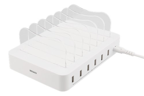 DELTACO USB laddningsstation, 6x USB-A portar, 5V DC, 10A, 50W, vit
