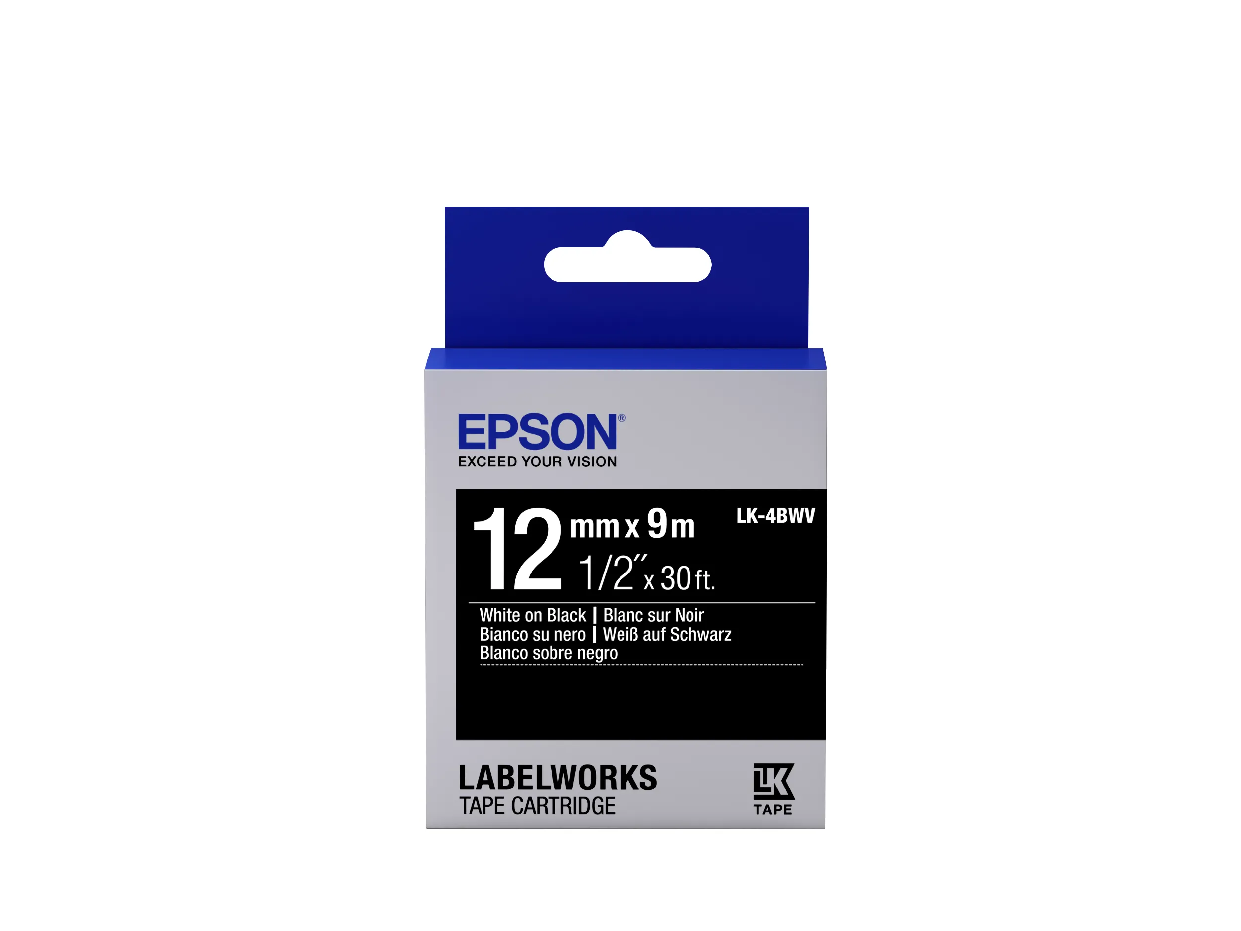 Epson LabelWorks LK-4BWV cartridge, 12 mm x 9 m, vit p&aring; svart