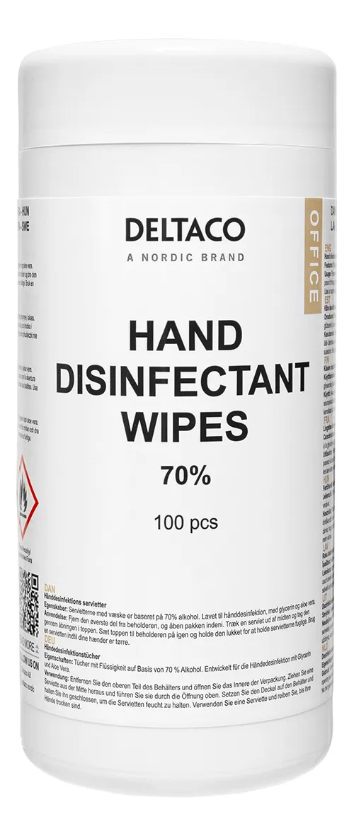 DELTACO Office Hand disinfectant wet wipes, 100 pc tube