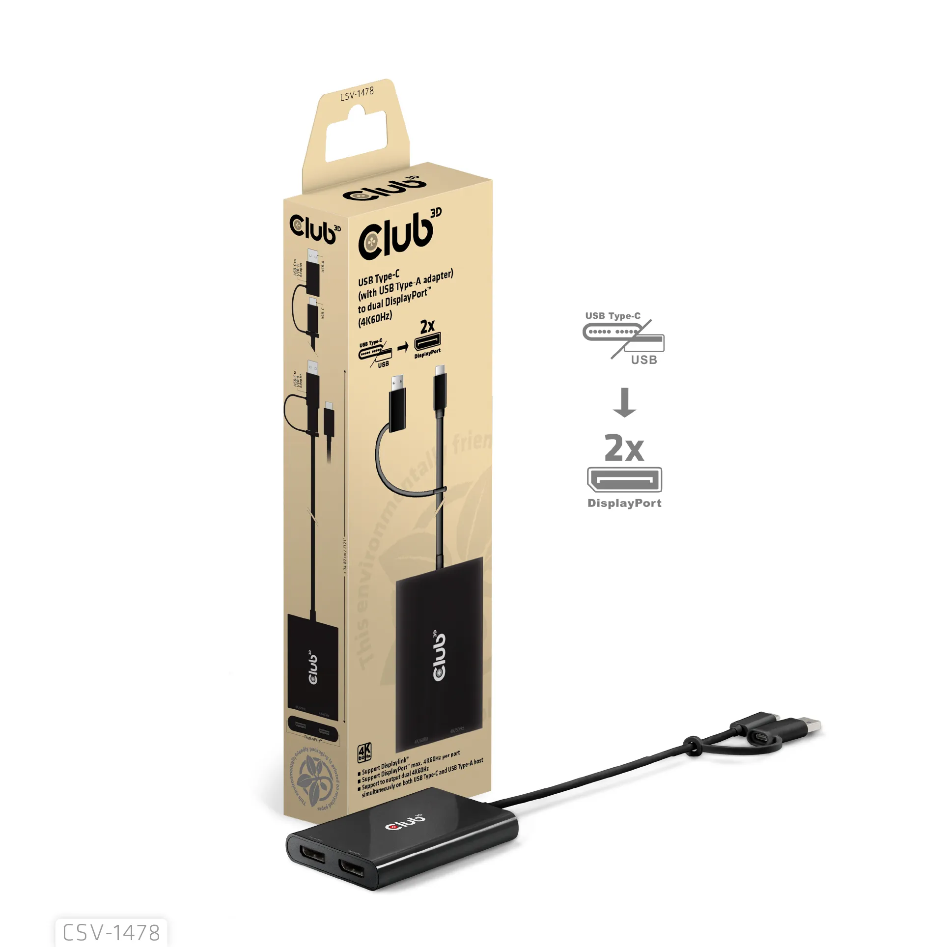 CLUB 3D Active 2-Port USB-C and USB-A to 2x DisplayPort Splitter, Black