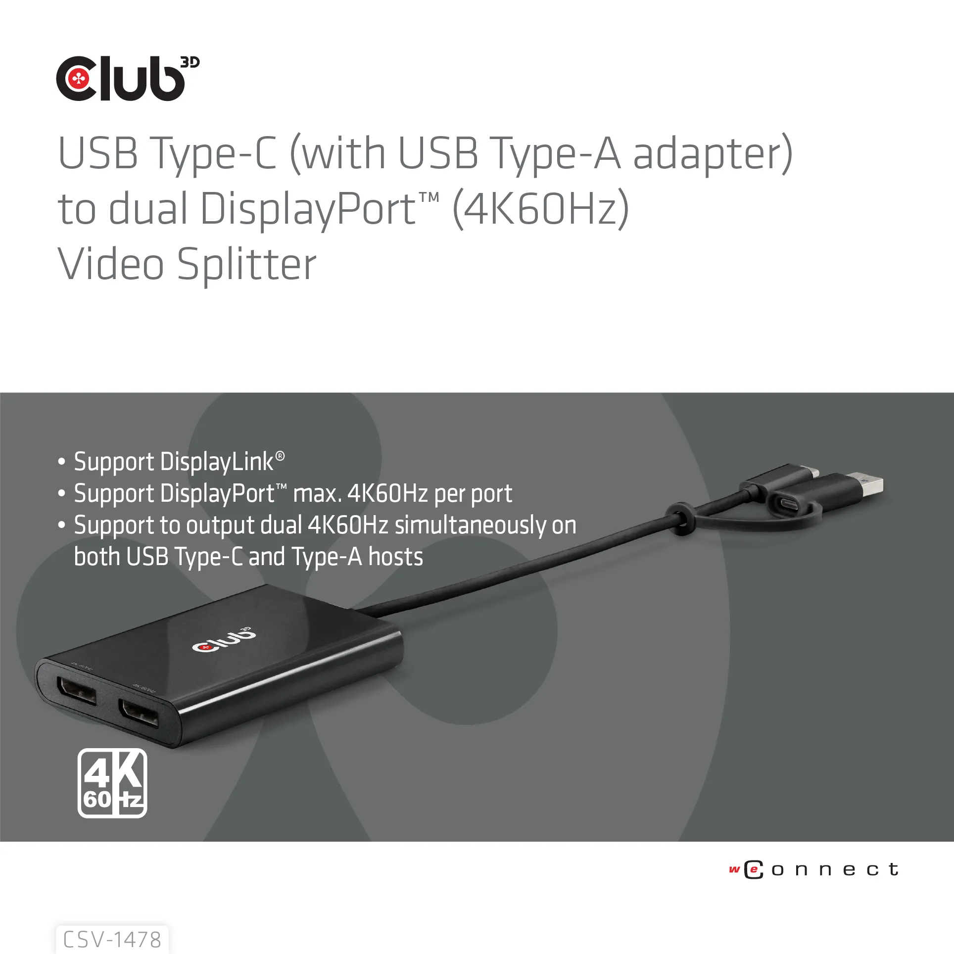 CLUB 3D Active 2-Port USB-C and USB-A to 2x DisplayPort Splitter, Black
