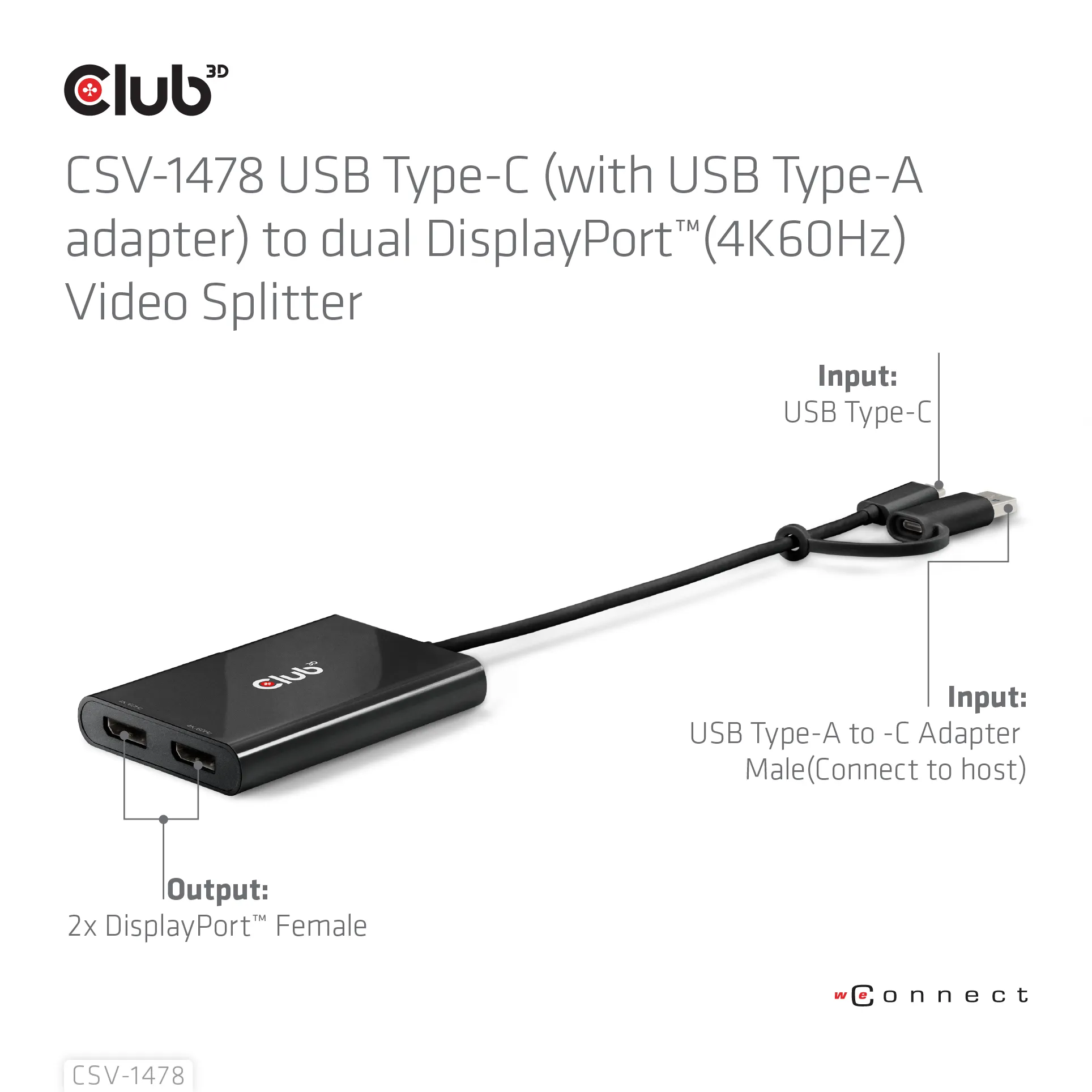 CLUB 3D Active 2-Port USB-C and USB-A to 2x DisplayPort Splitter, Black