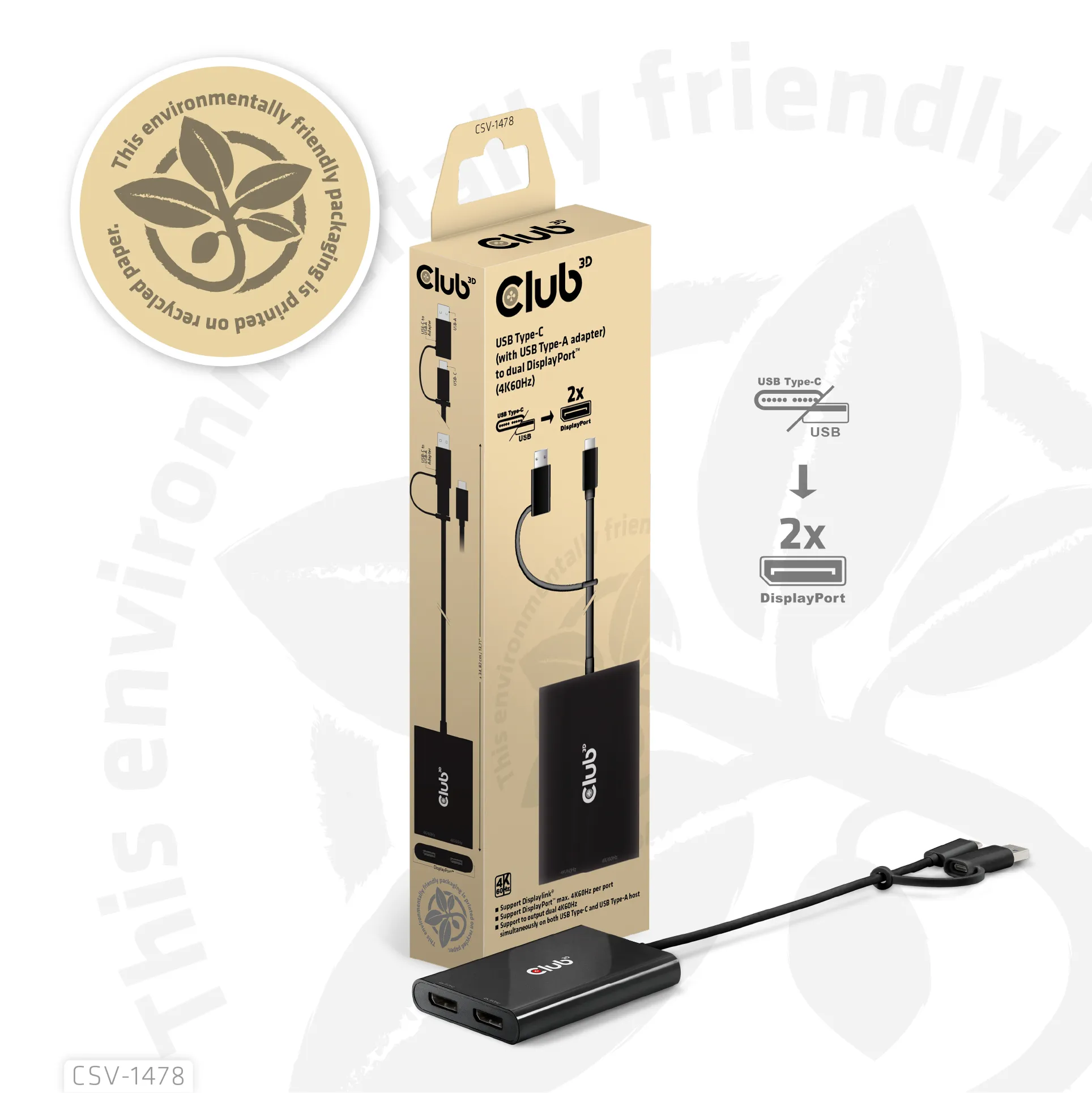 CLUB 3D Active 2-Port USB-C and USB-A to 2x DisplayPort Splitter, Black