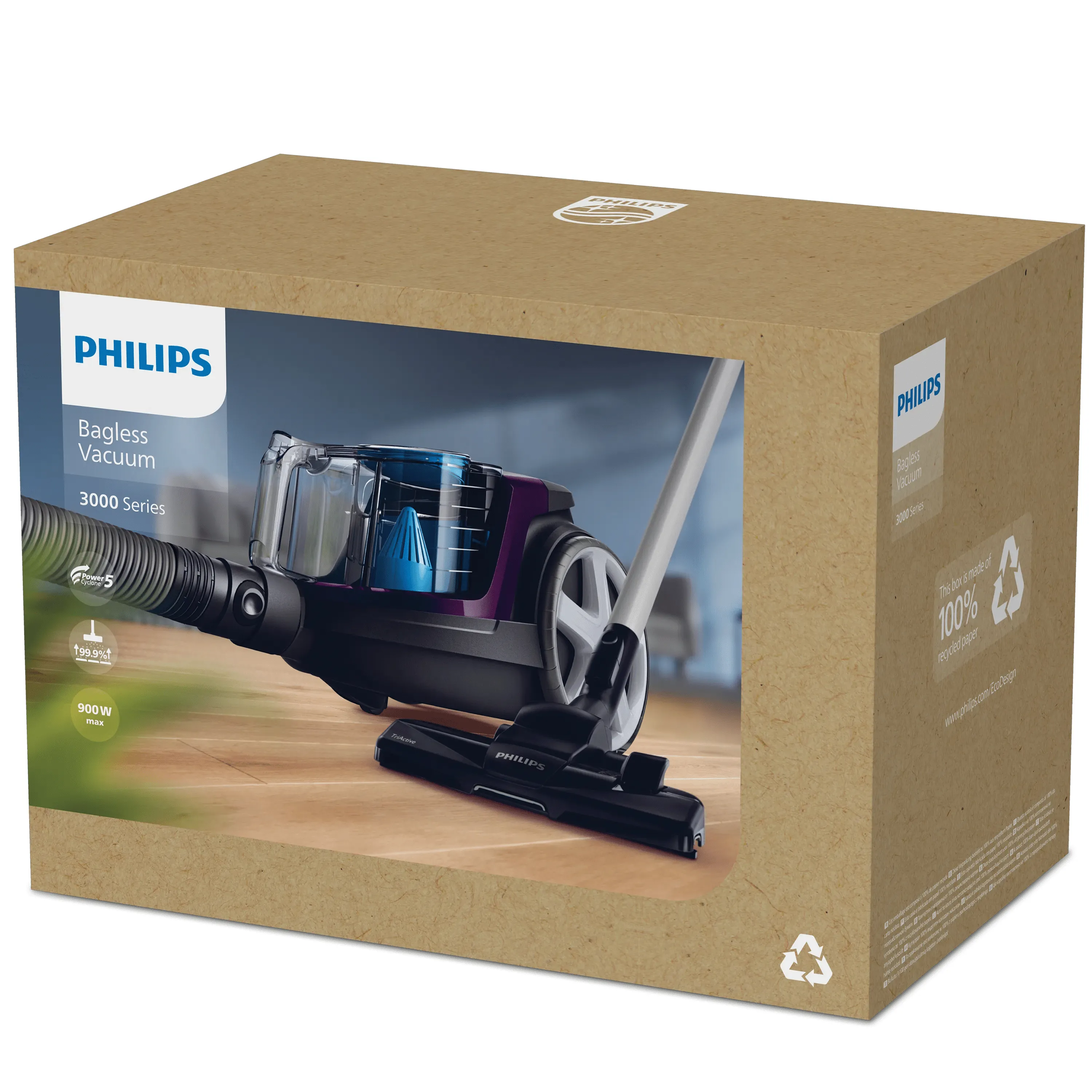 Philips PowerPro Compact FC9333/09 1.5 L 900 W Bagless Cylinder vacuum cleaner, Black, Blue, Grey, Violet