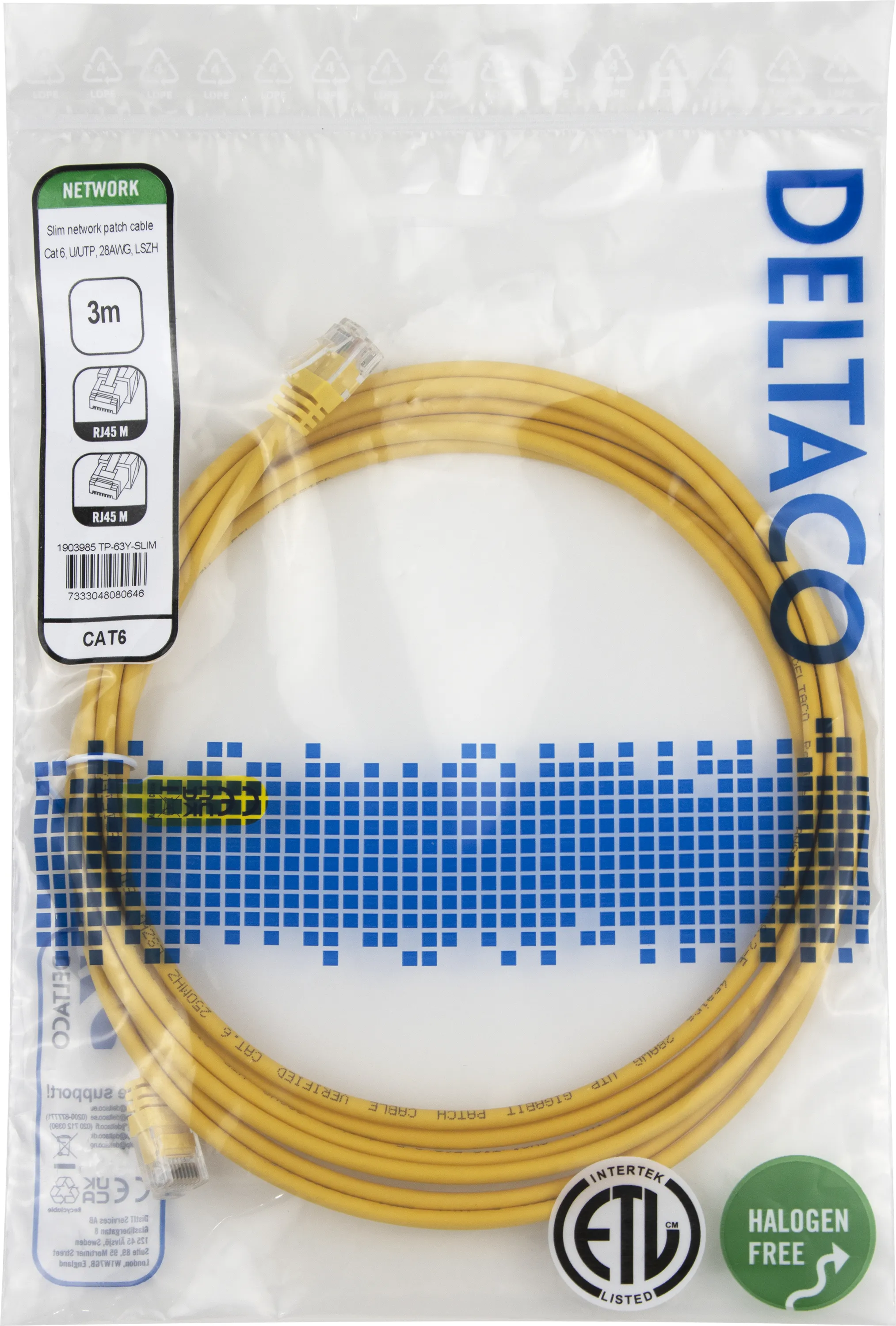 Deltaco Cat6 UTP RJ45 3m Network Cable, Yellow