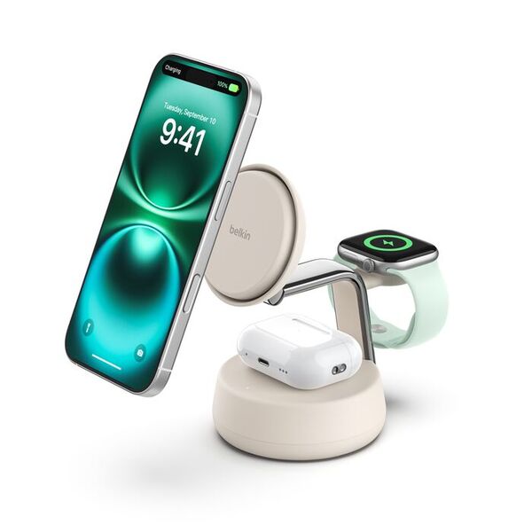 Belkin UltraCharge Pro 3-in-1 Magnetic Qi2 25W -langaton laturi, Beige