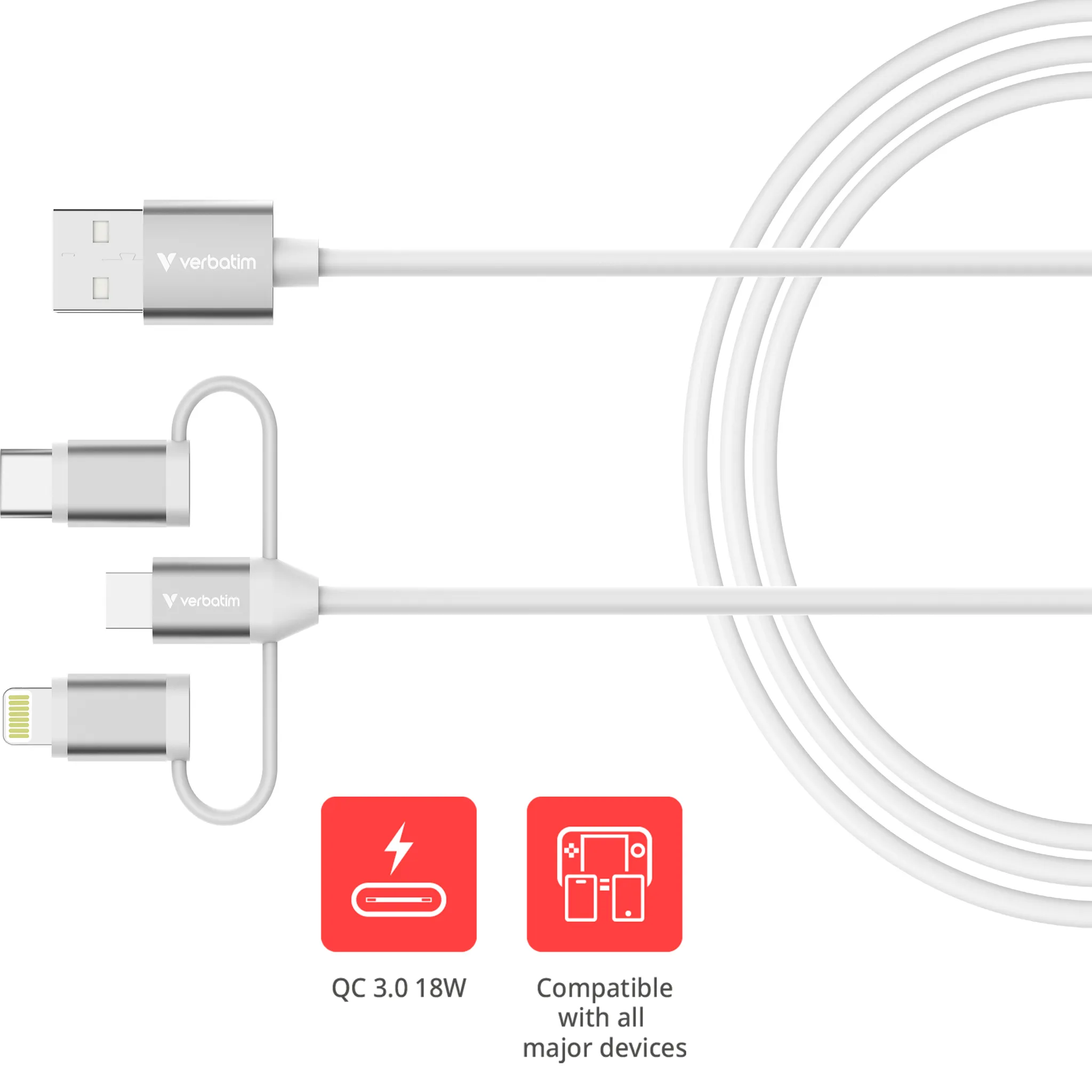 Verbatim Essentials 3-in-1 Sync &amp; Charge USB-A till Micro-B, USB-C, Lightning (1 m) - Laddnings- och synkroniseringskabel, vit