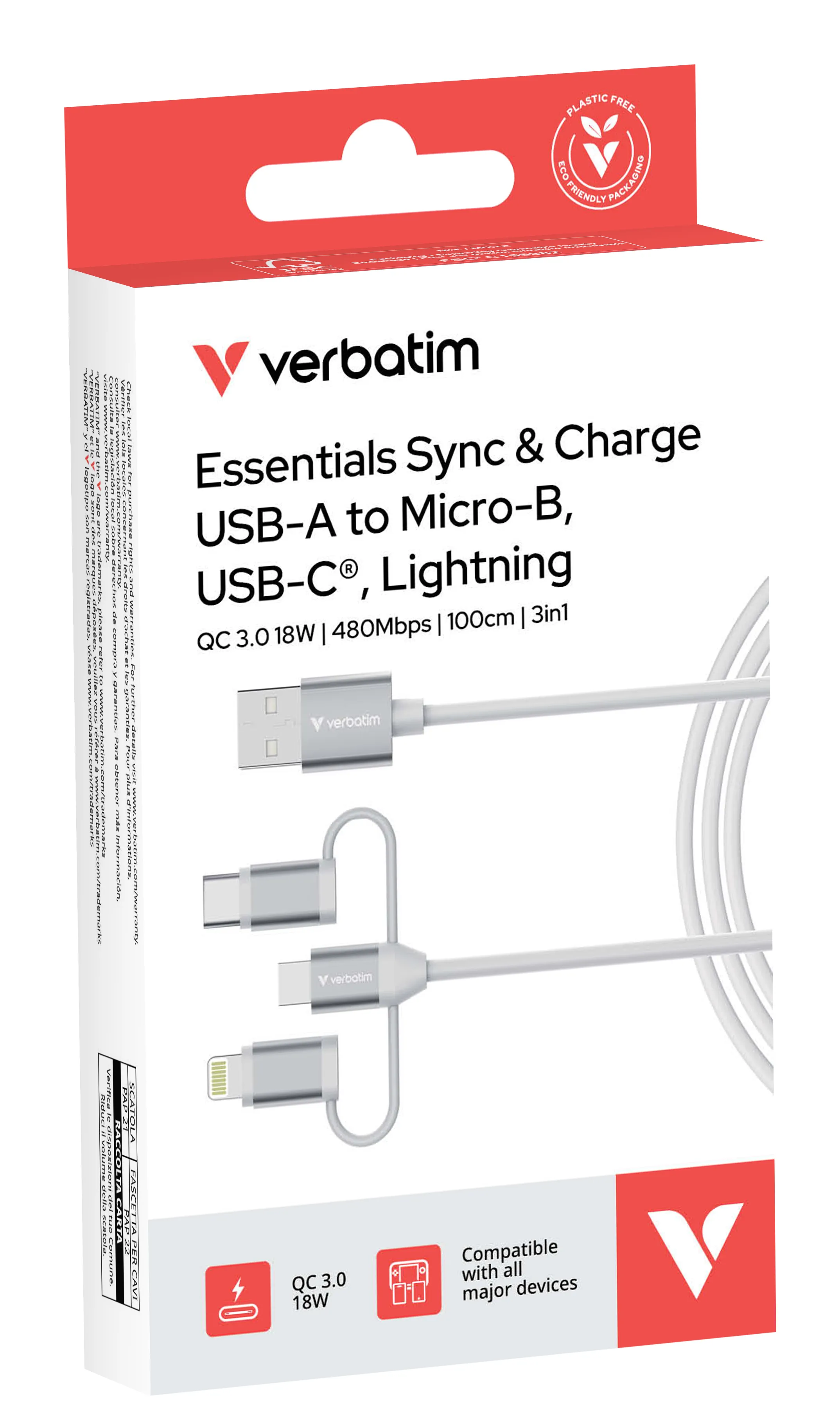 Verbatim Essentials 3-in-1 Sync &amp; Charge USB-A till Micro-B, USB-C, Lightning (1 m) - Laddnings- och synkroniseringskabel, vit