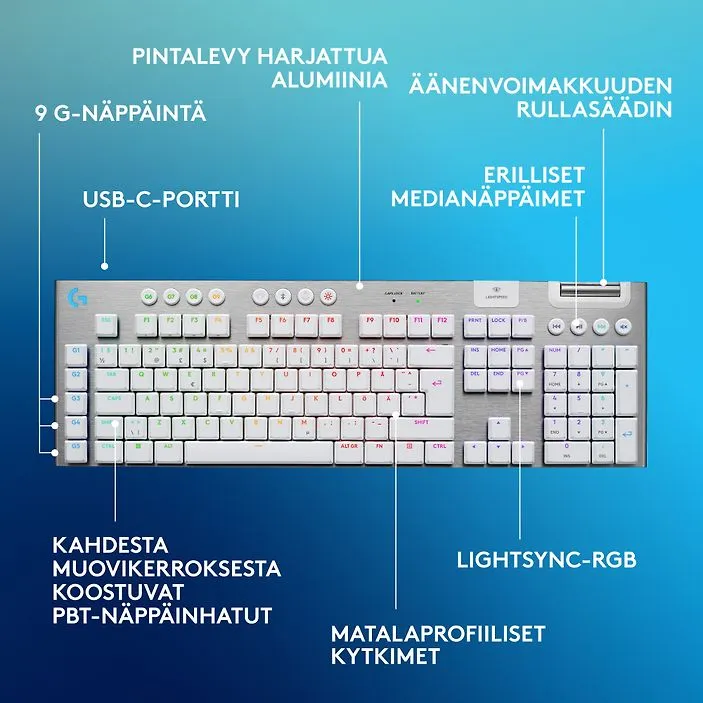 Logitech G915 X LIGHTSPEED Low Profile, Tactile -langaton pelin&auml;pp&auml;imist&ouml;, valkoinen