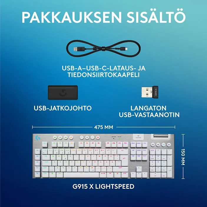 Logitech G915 X LIGHTSPEED Low Profile, Tactile -langaton pelin&auml;pp&auml;imist&ouml;, valkoinen