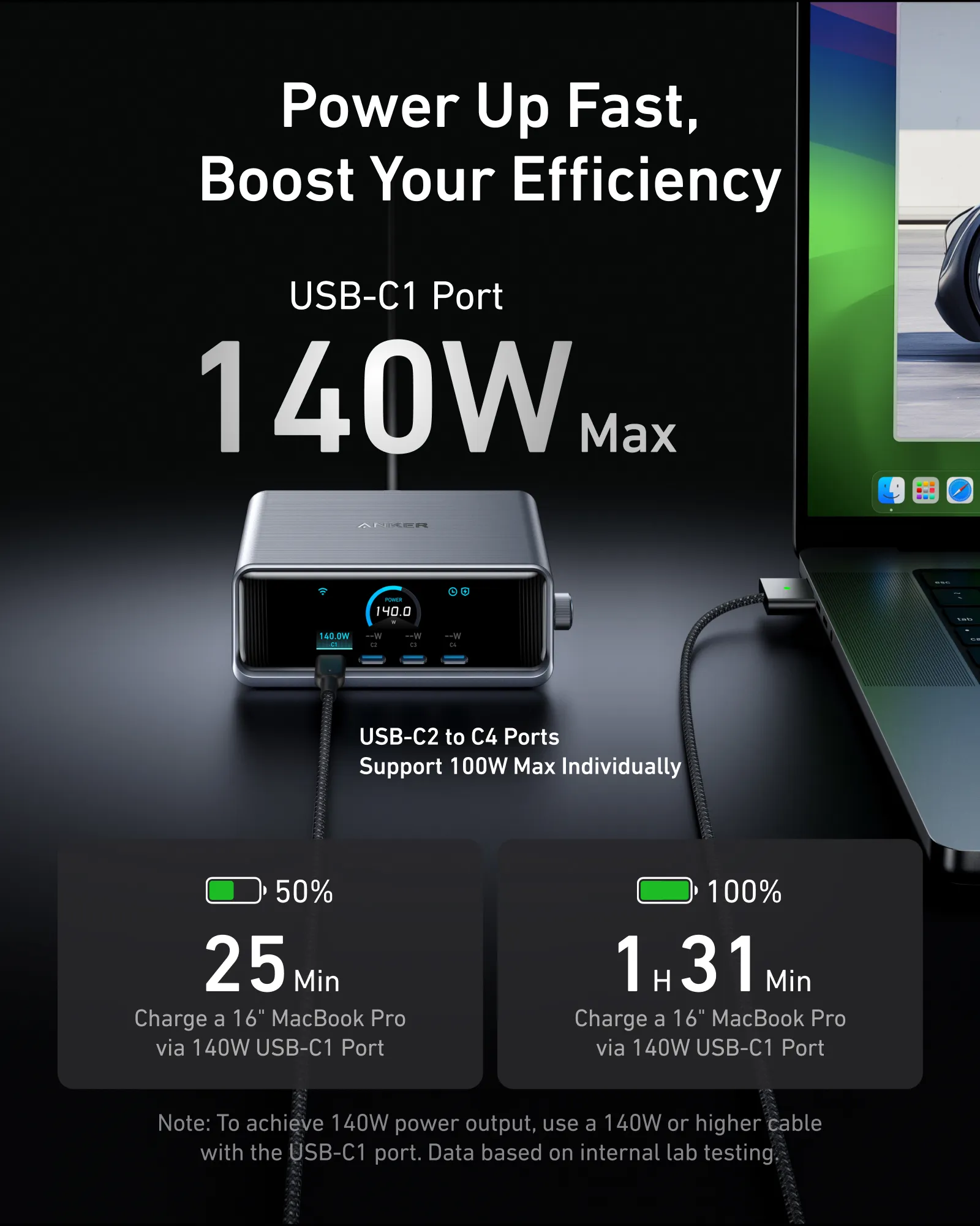Anker Prime 250W GaN - pöytälaturi, Hopea