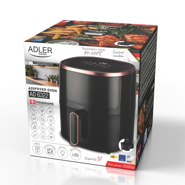 Adler AD 6322, 5L, 2000W, air fryer, Black