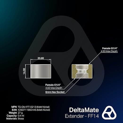 Thermal Grizzly DeltaMate Extender FF14, Extender Fitting, 14 mm, Matt Nickel