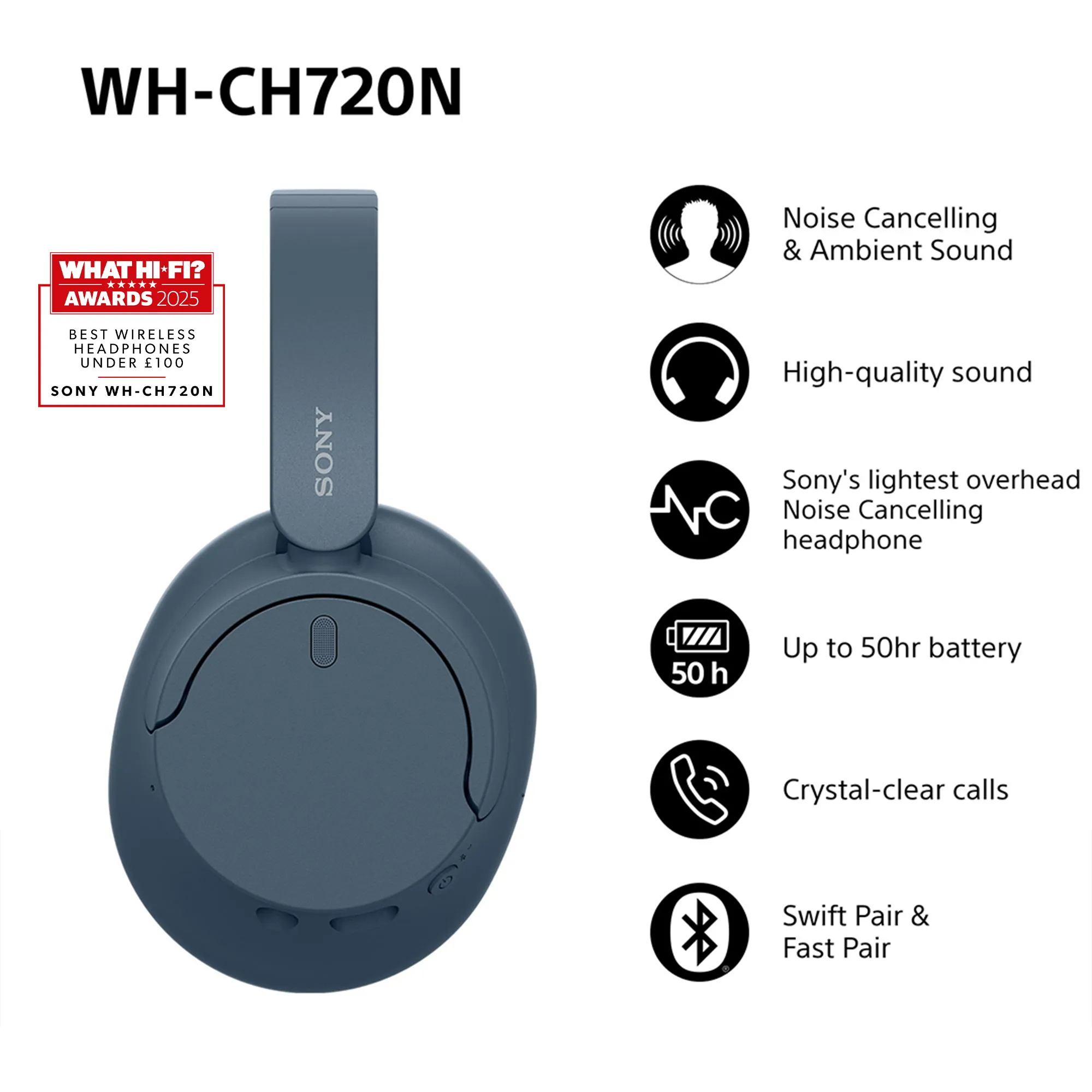 Sony WH-CH720N Wireless Over-ear Headphones, Blue