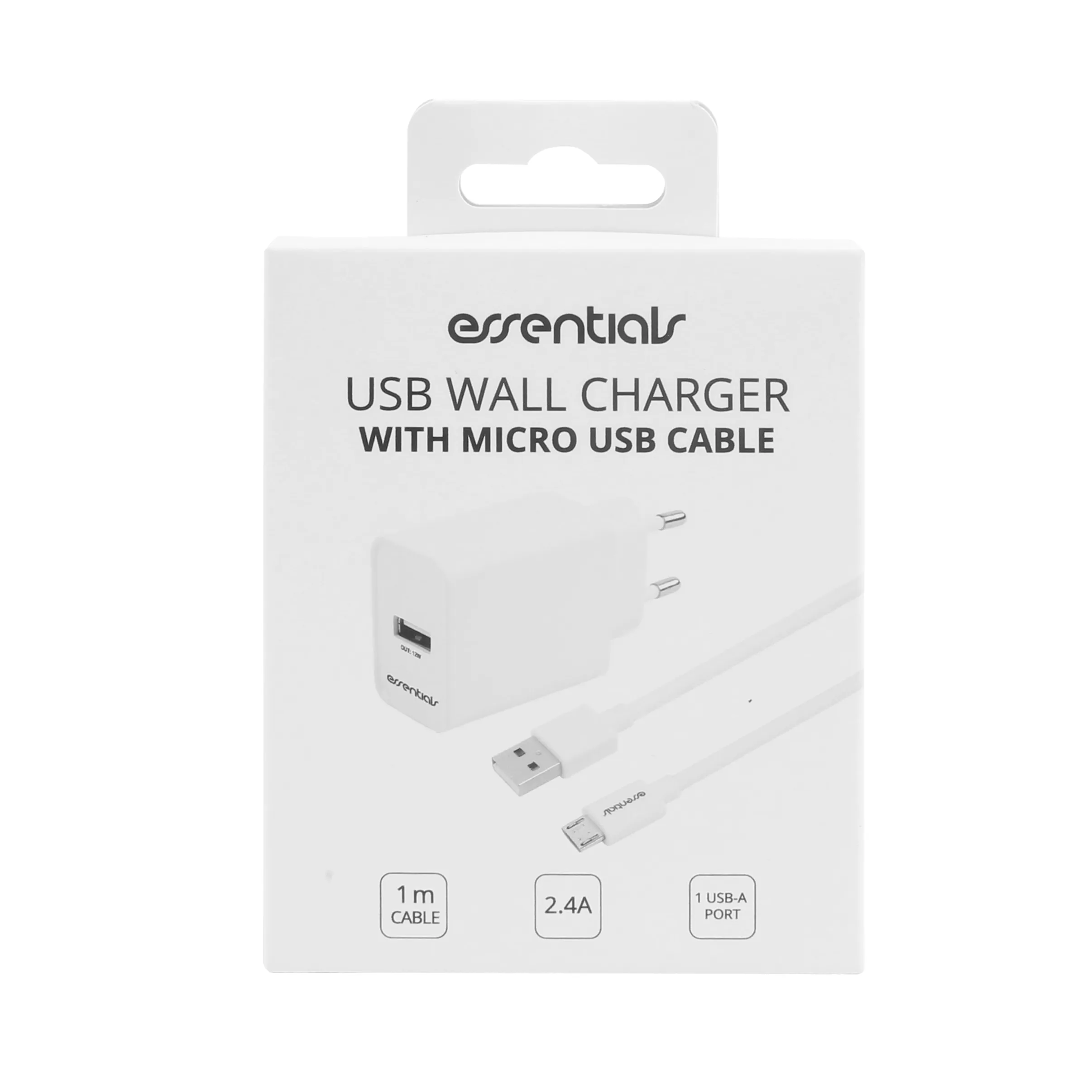 Wall charger 12W, USB-A Micro USB Cable 1m, White