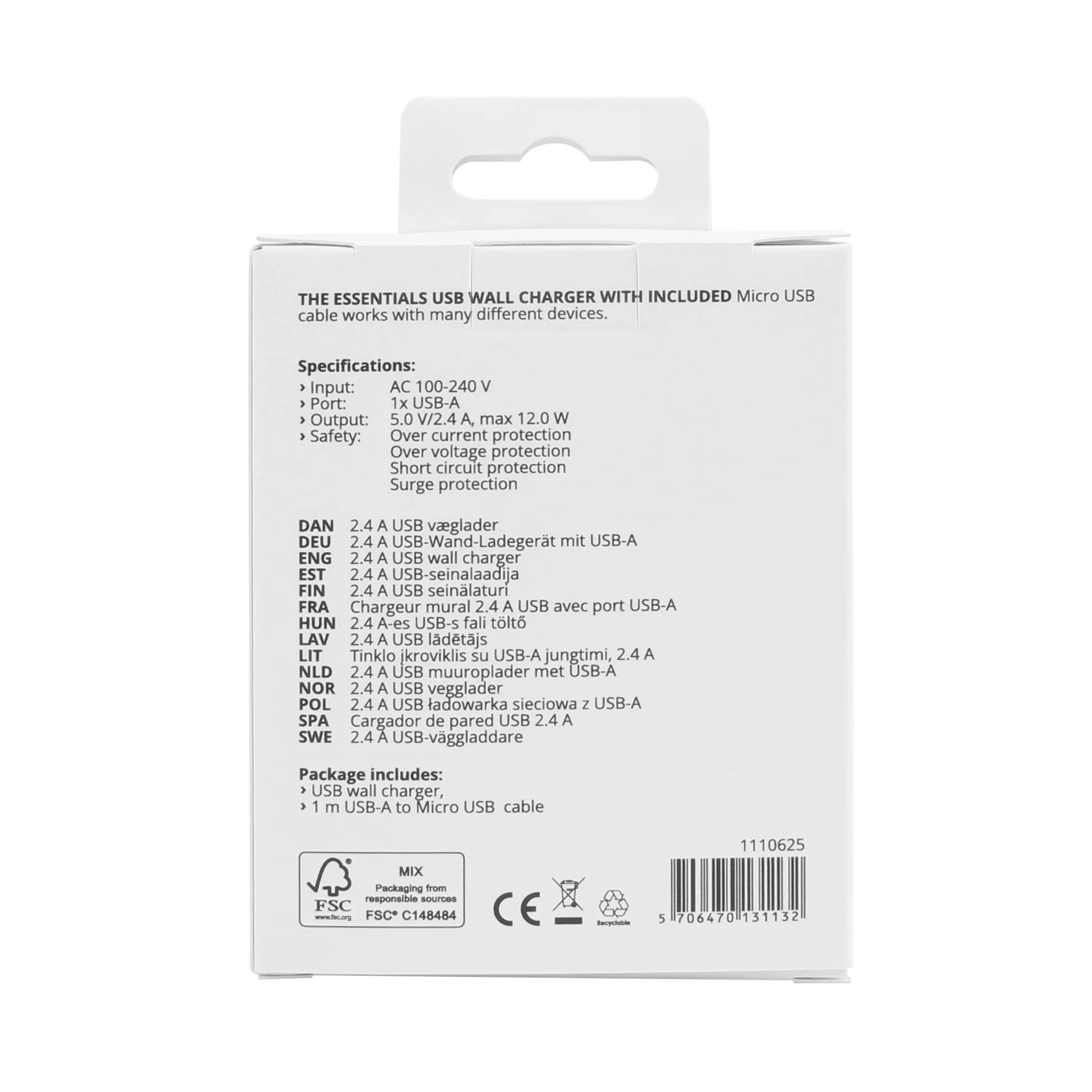 Wall charger 12W, USB-A Micro USB Cable 1m, White