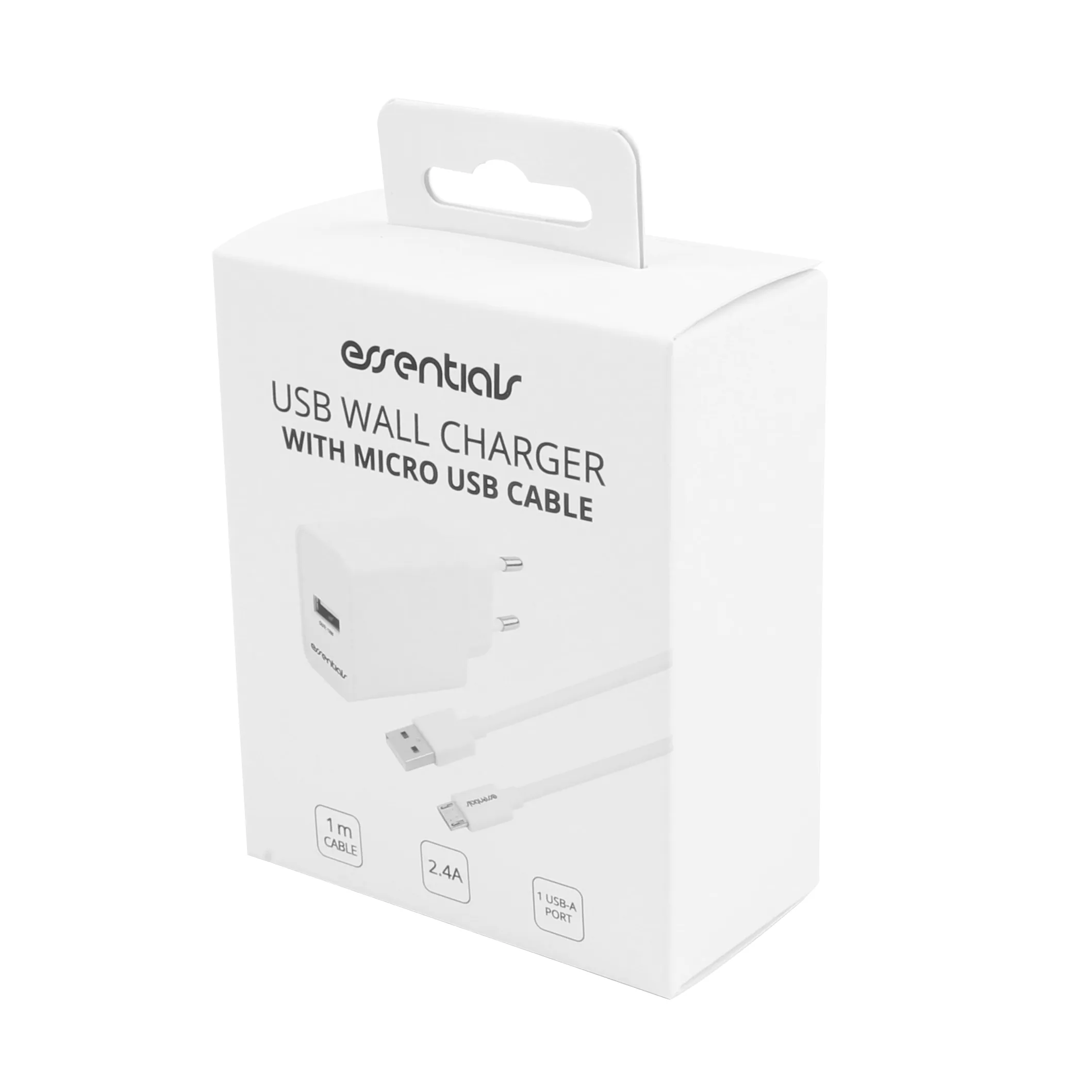 Wall charger 12W, USB-A Micro USB Cable 1m, White