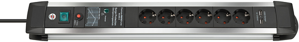 Brennenstuhl Premium Protect Line, 6xCEE7/4, 2xUSB, musta/hopea