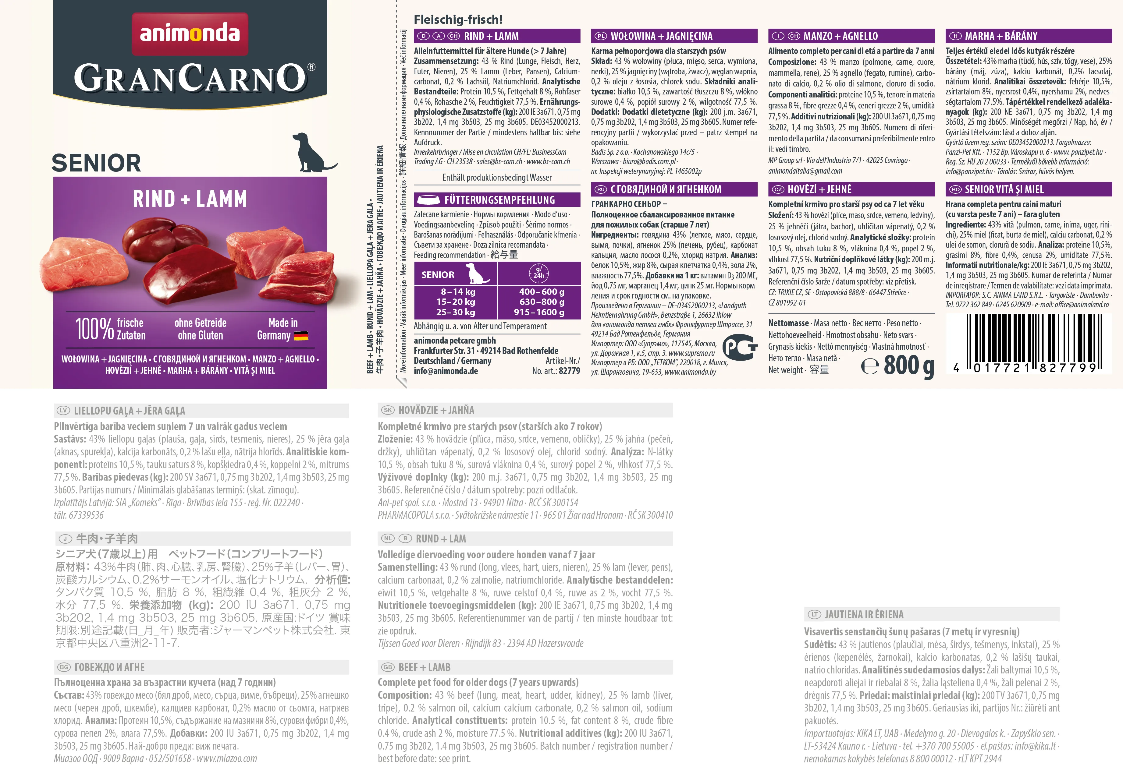 Animonda GranCarno Senior Beef + Lamb, V&aring;tfoder f&ouml;r hund, Spannm&aring;lsfritt, 6 x 800 g