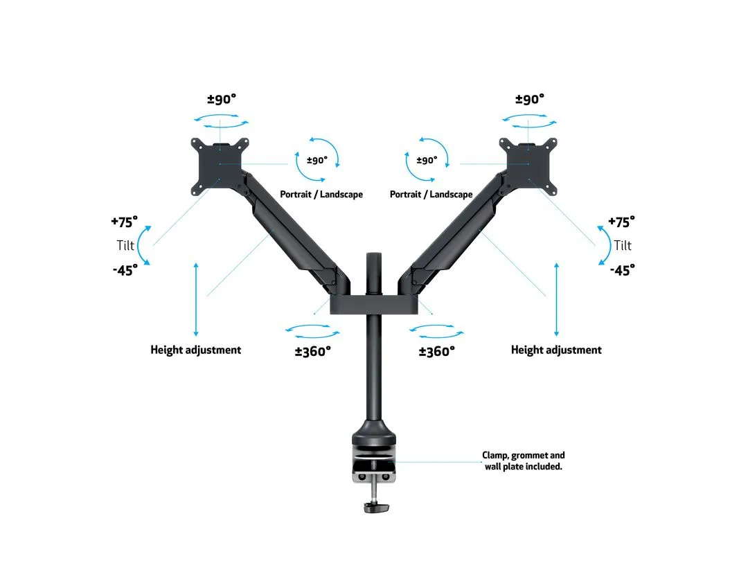 Multibrackets M VESA Gas Lift Arm Dual Desk Mount, for 2 monitors, 15-32", with gas spring, 10kg, Black