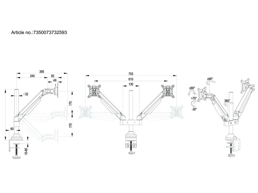 Multibrackets M VESA Gas Lift Arm Dual Desk Mount, for 2 monitors, 15-32", with gas spring, 10kg, Black