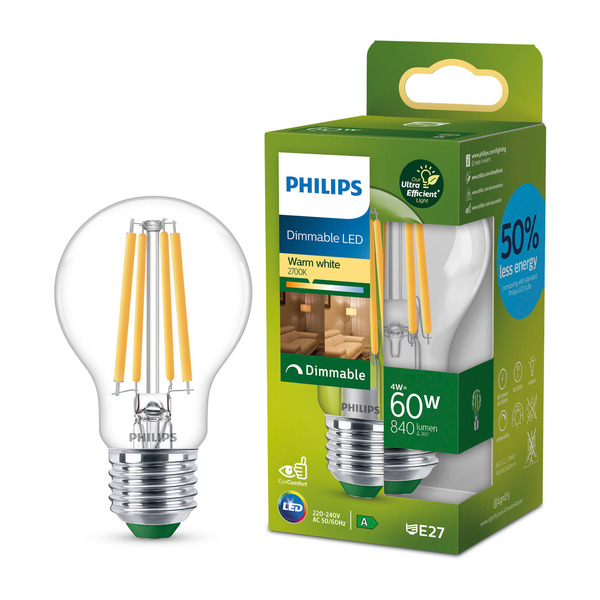 Philips UltraEfficient LED-filamentlampa A60 E27 4W (60W) Klar 840 lm Dimbar 2700K