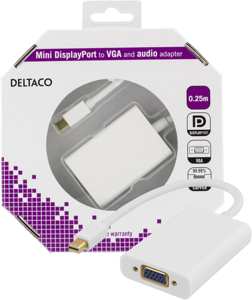 DELTACO mini DisplayPort till VGA-adapter med ljud, 0,25m, vit