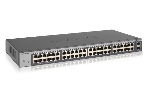 NETGEAR Plus GS750E - Kytkin - smart - 48 x 10/100/1000 + 2 x Gigabit SFP - ty&ouml;p&ouml;yt&auml;, r&auml;kkiin asennettava