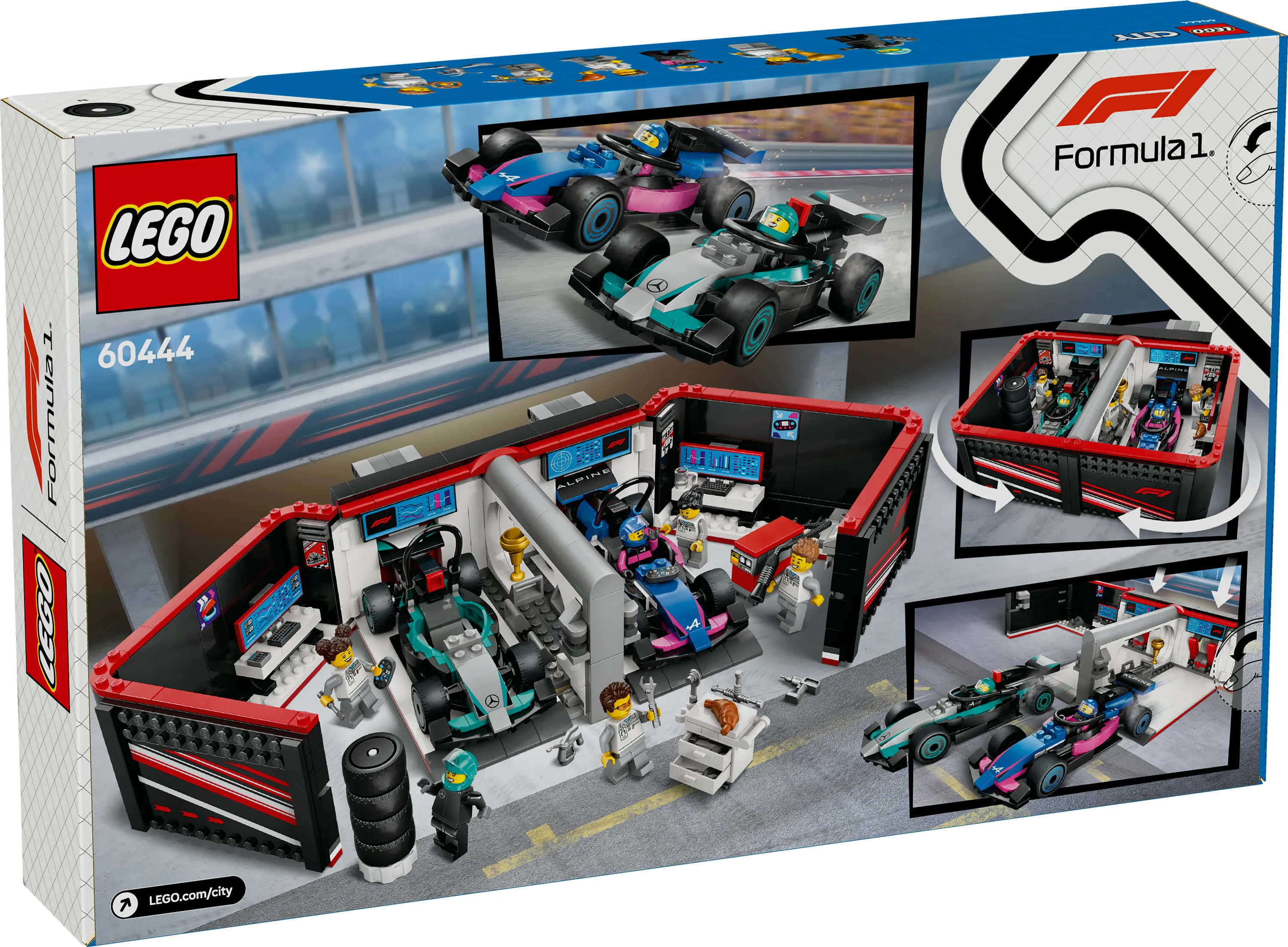 LEGO City F1-varikkotalli Mercedes-AMG- ja Alpine-autoilla 60444