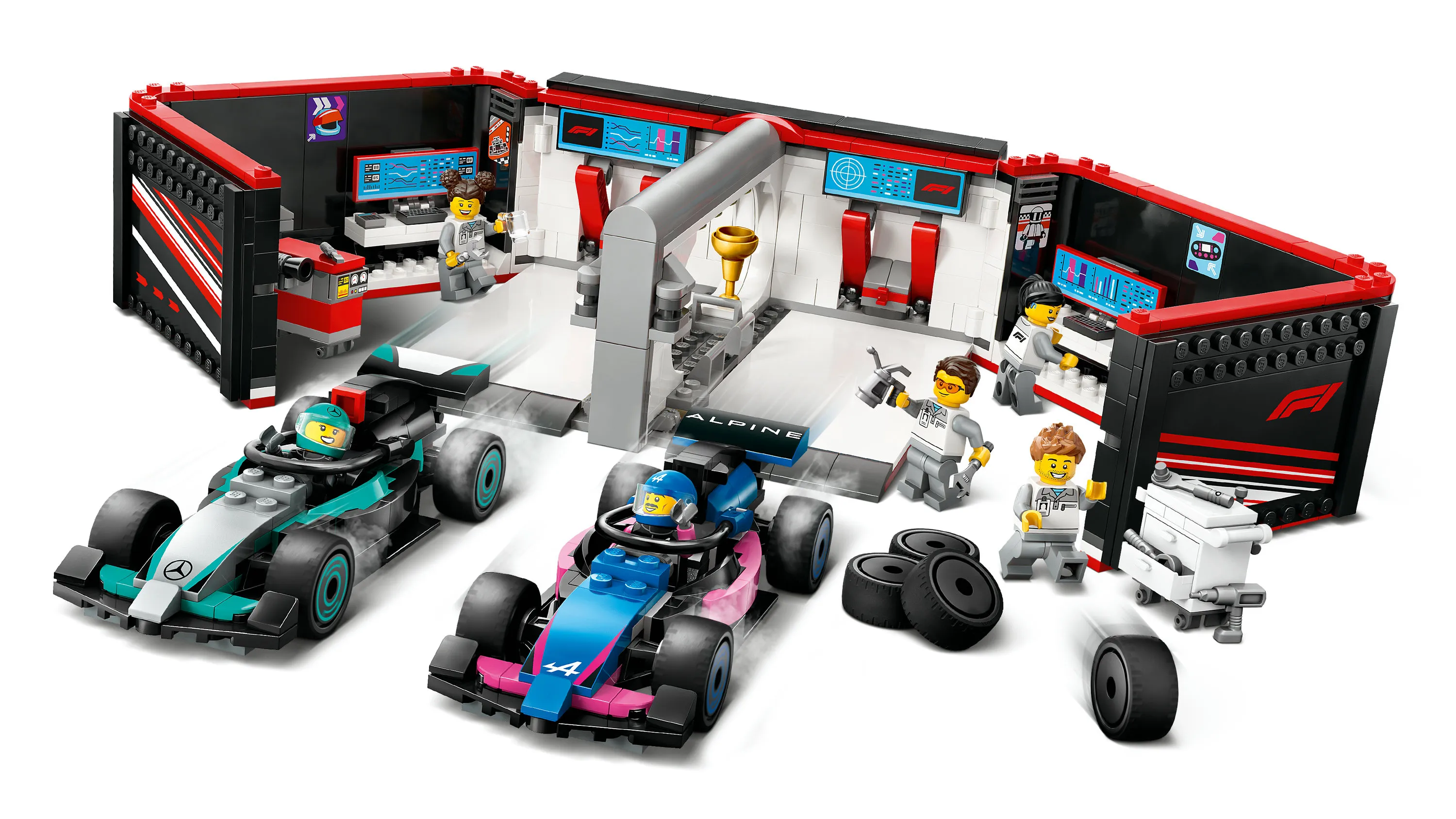 LEGO City F1-varikkotalli Mercedes-AMG- ja Alpine-autoilla 60444