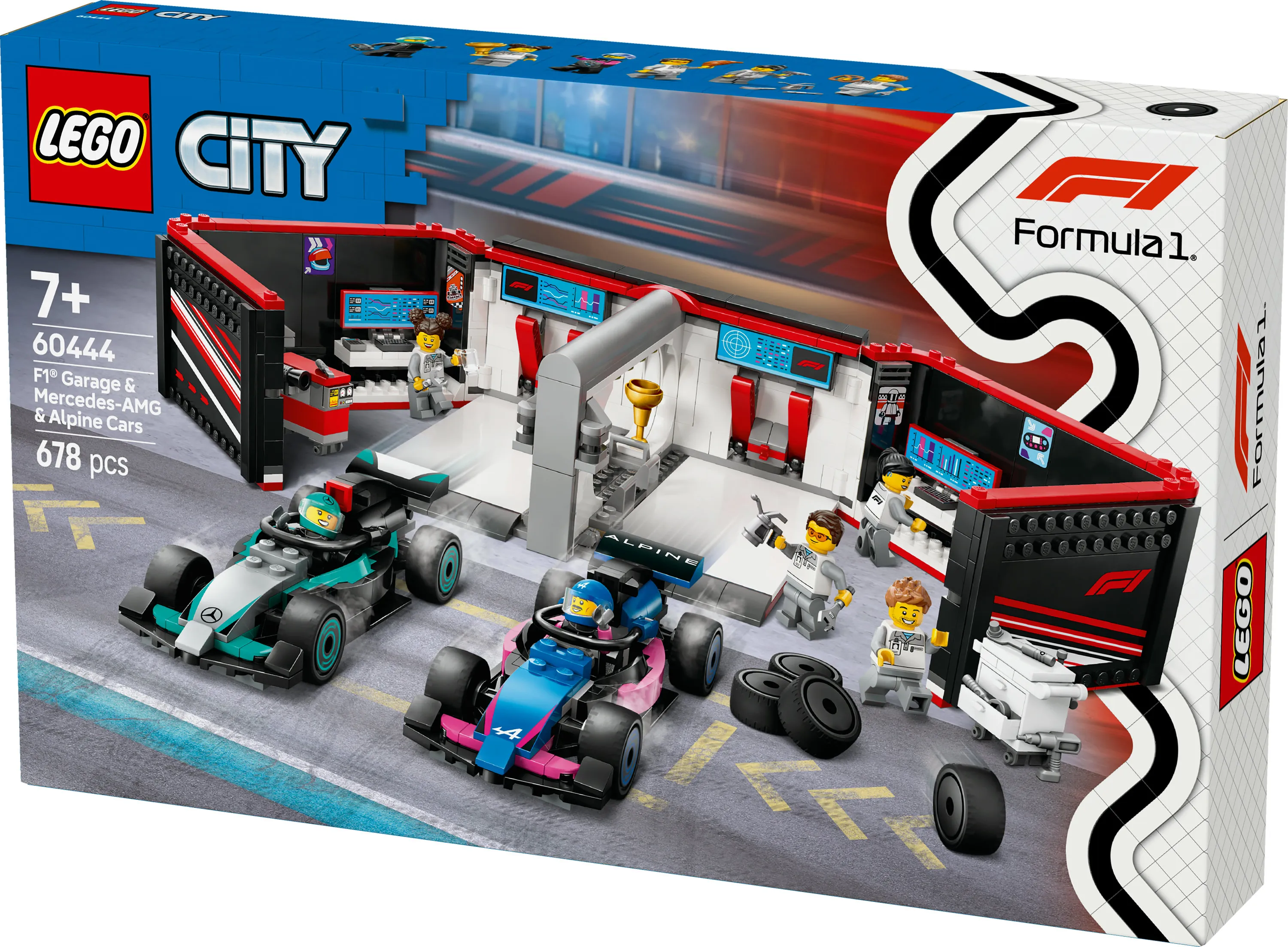 LEGO City F1-varikkotalli Mercedes-AMG- ja Alpine-autoilla 60444