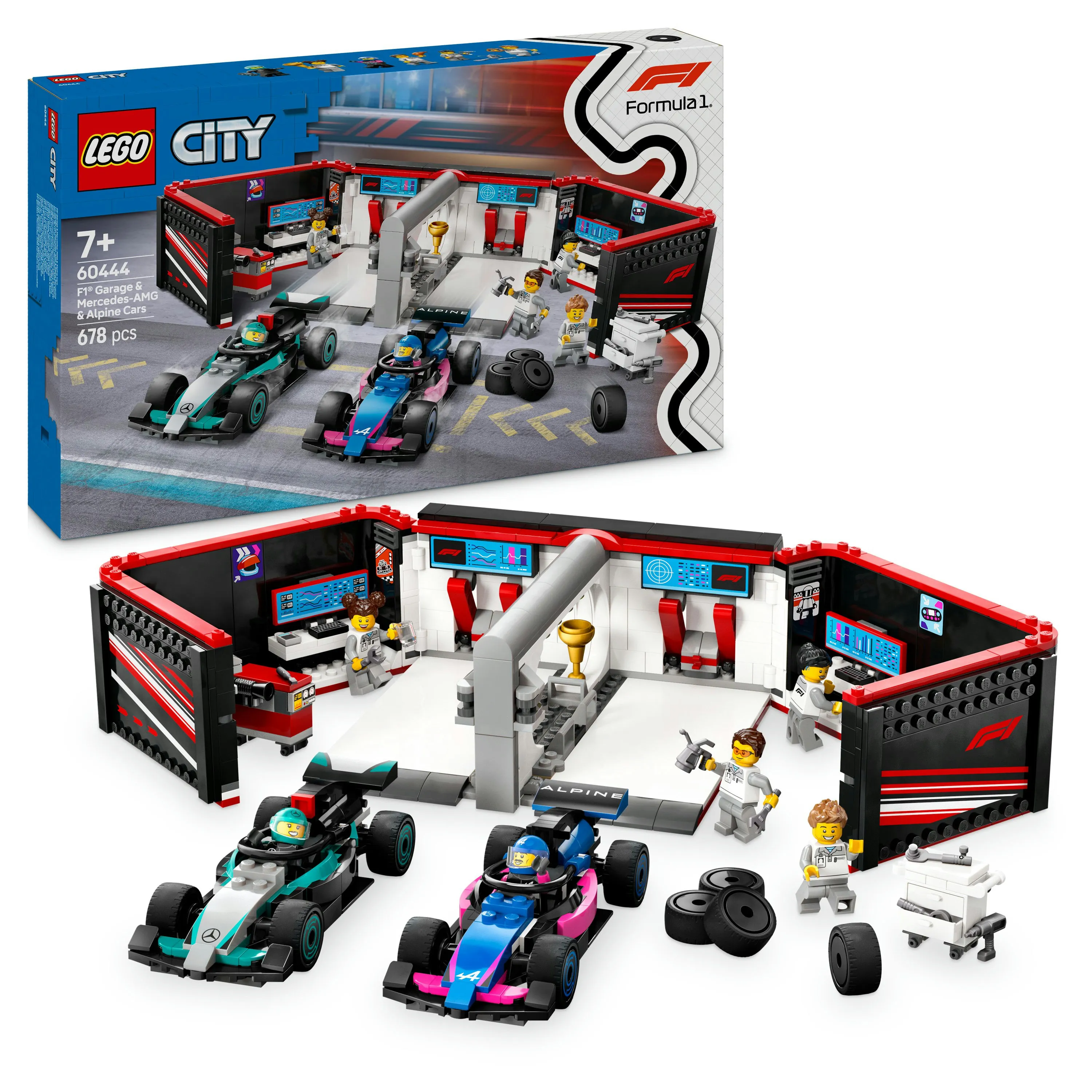 LEGO City F1-varikkotalli Mercedes-AMG- ja Alpine-autoilla 60444