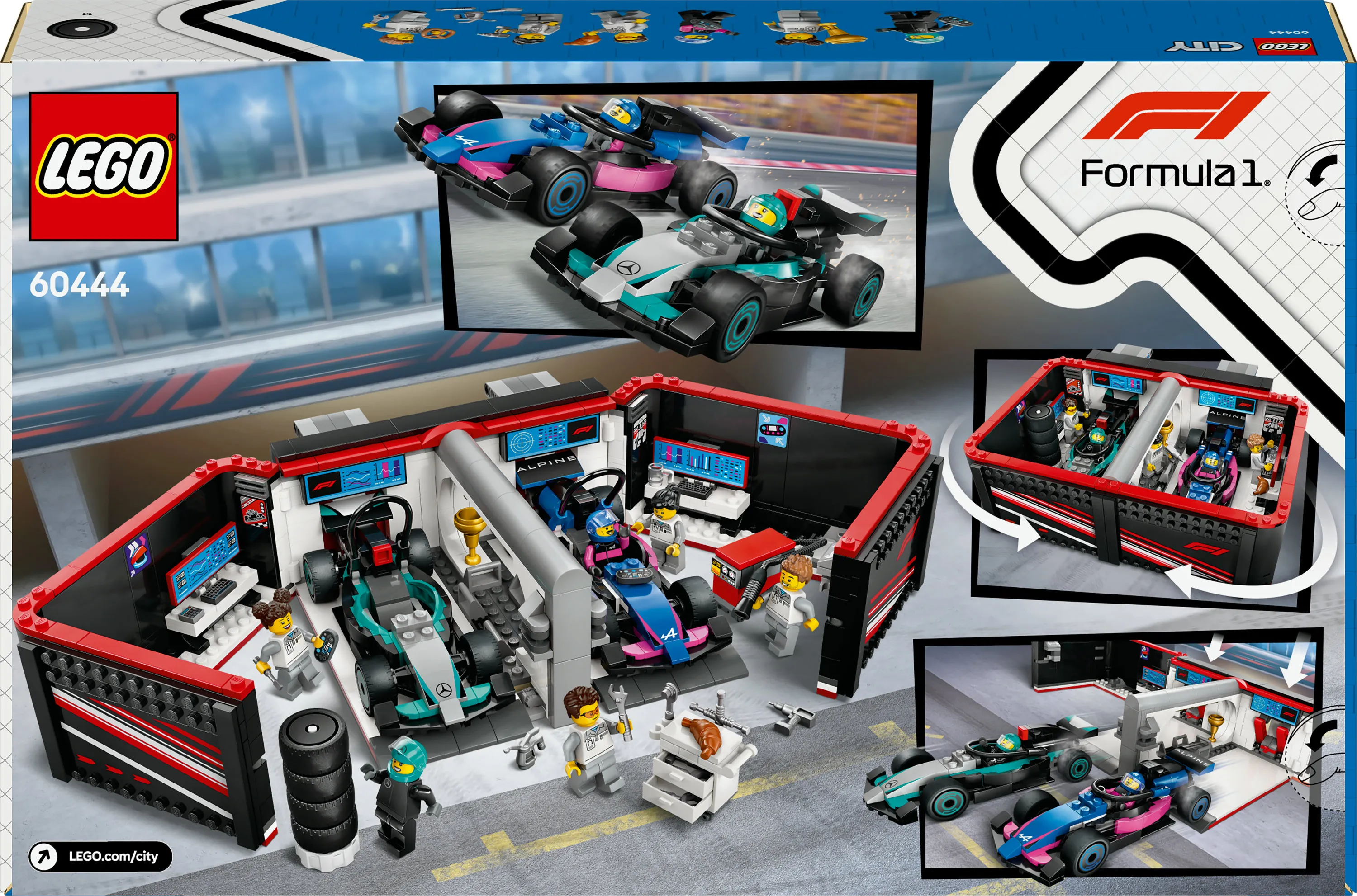 LEGO City F1-varikkotalli Mercedes-AMG- ja Alpine-autoilla 60444