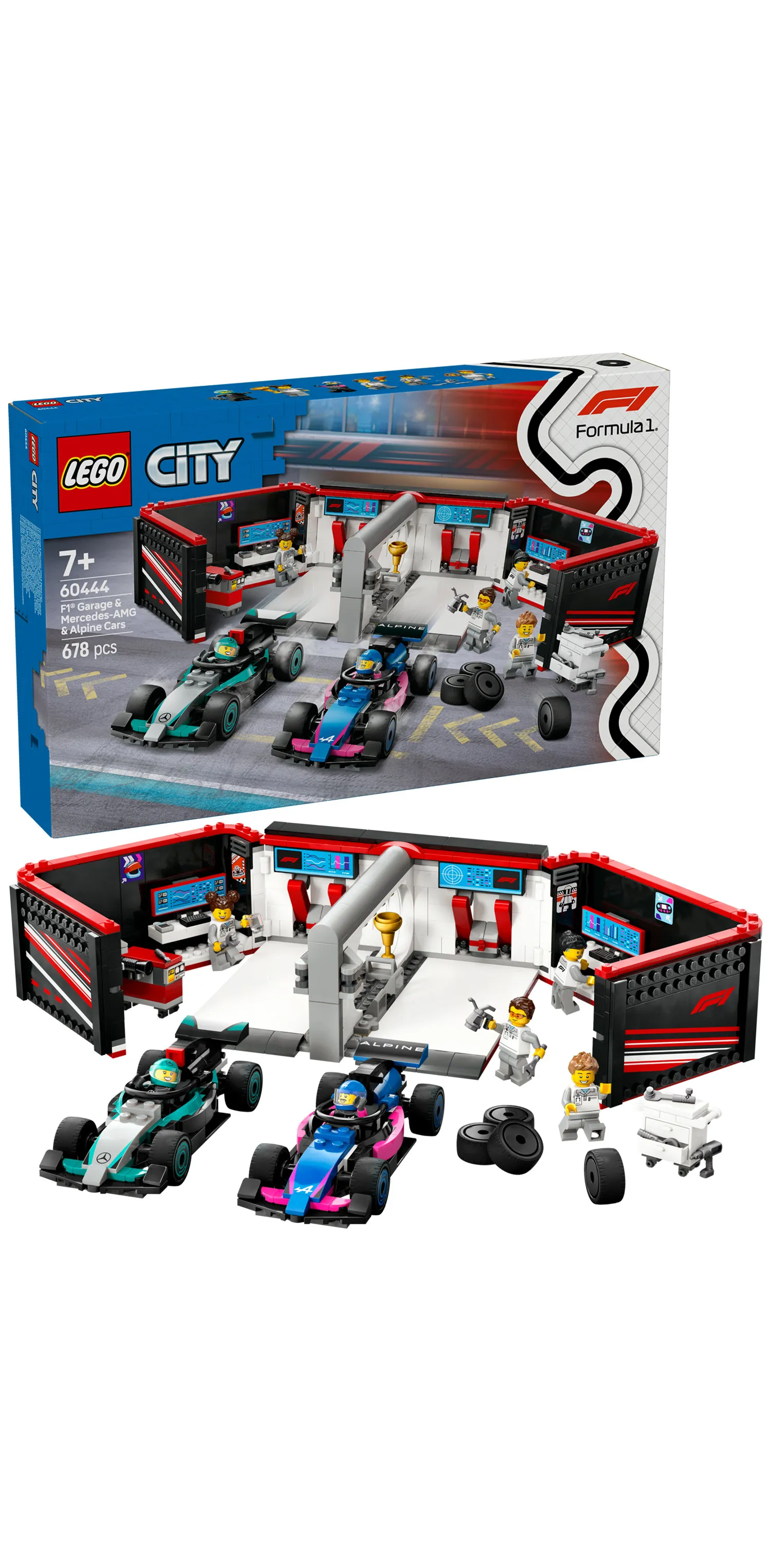 LEGO City F1 Dep&aring;garage med Mercedes-AMG och Alpine bilar 60444