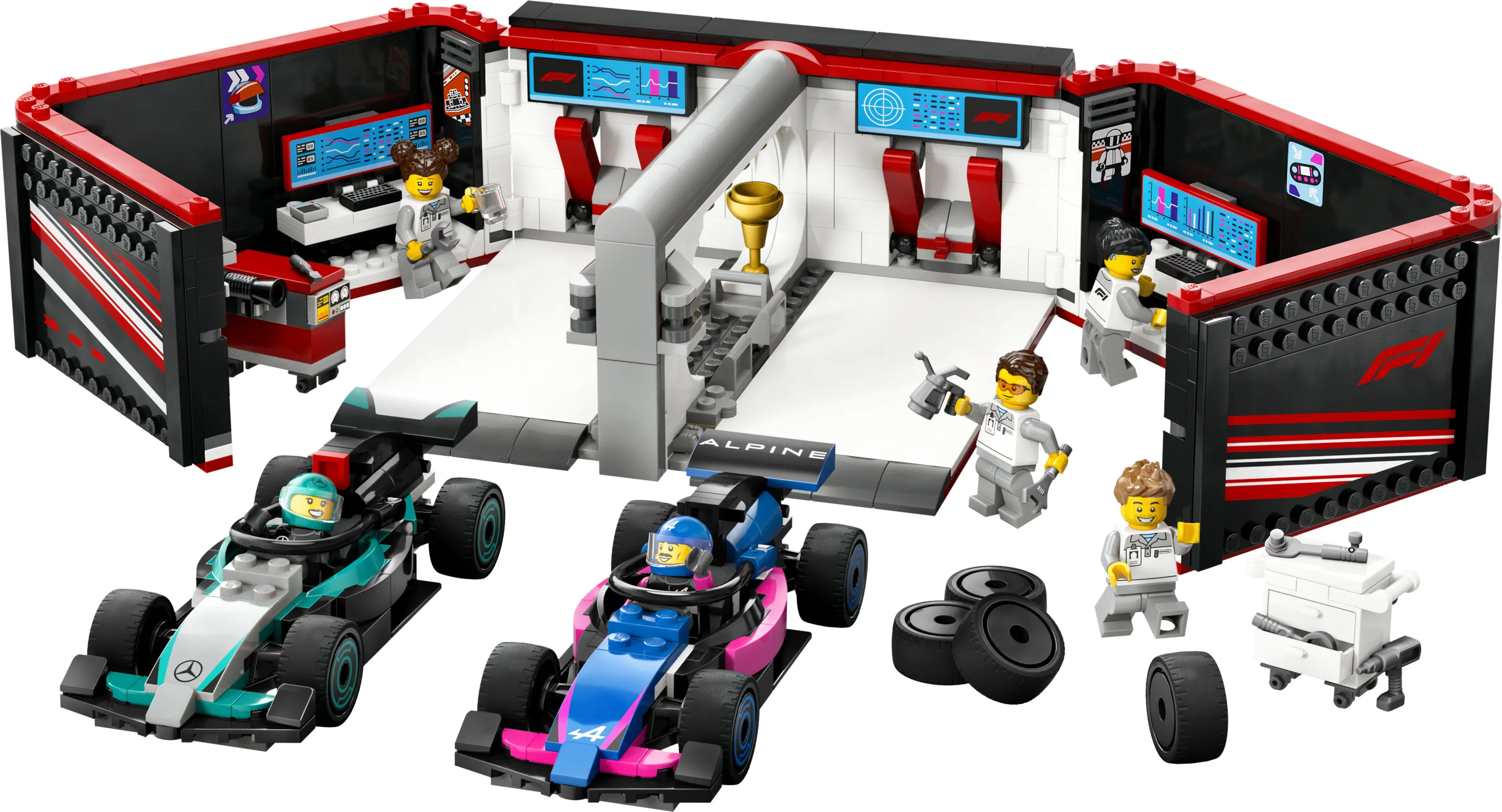 LEGO City F1 Dep&aring;garage med Mercedes-AMG och Alpine bilar 60444