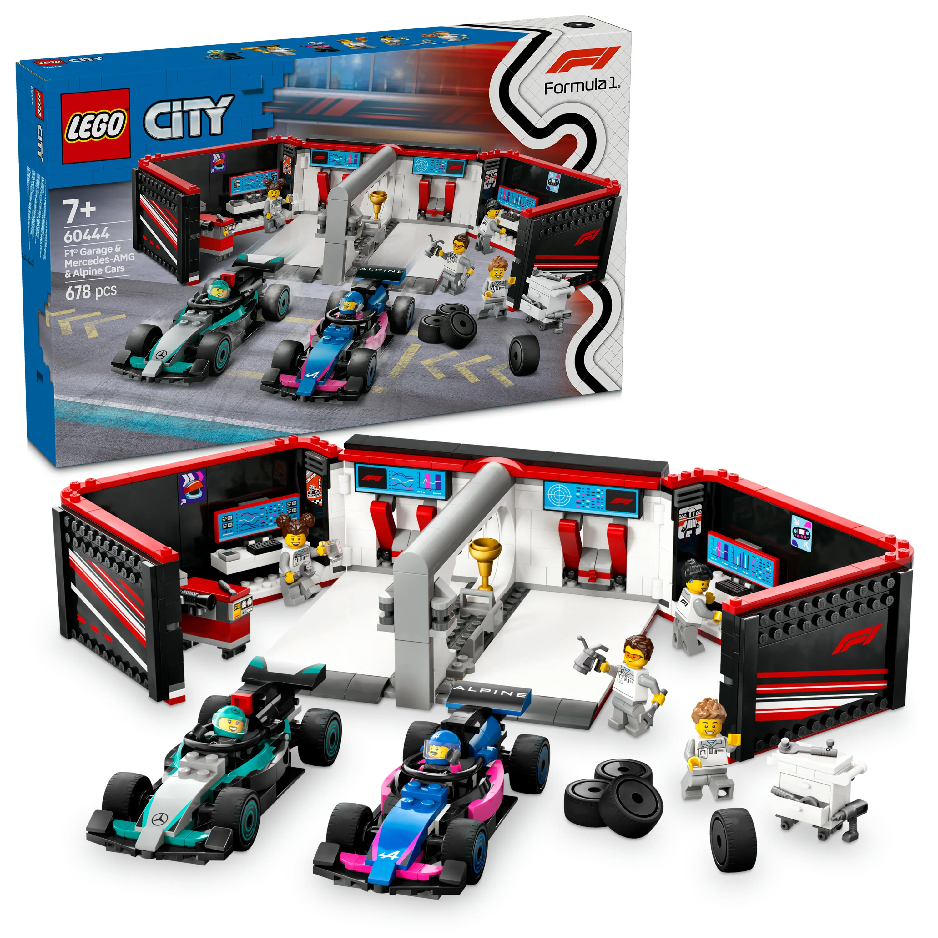 LEGO City F1-varikkotalli Mercedes-AMG- ja Alpine-autoilla 60444