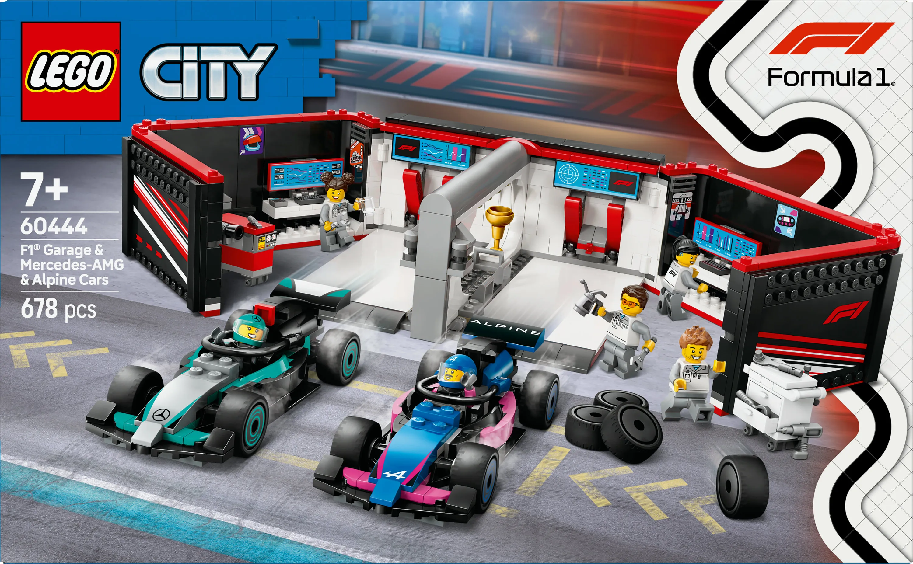 LEGO City F1-varikkotalli Mercedes-AMG- ja Alpine-autoilla 60444