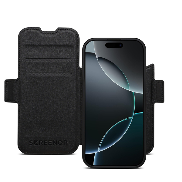 Screenor First 2-in-1, iPhone 17 Pro, MagSafe -lompakkokotelo, Musta