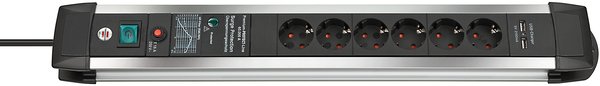 Brennenstuhl Premium Protect Line, 6xCEE7/4, 2xUSB, musta/hopea