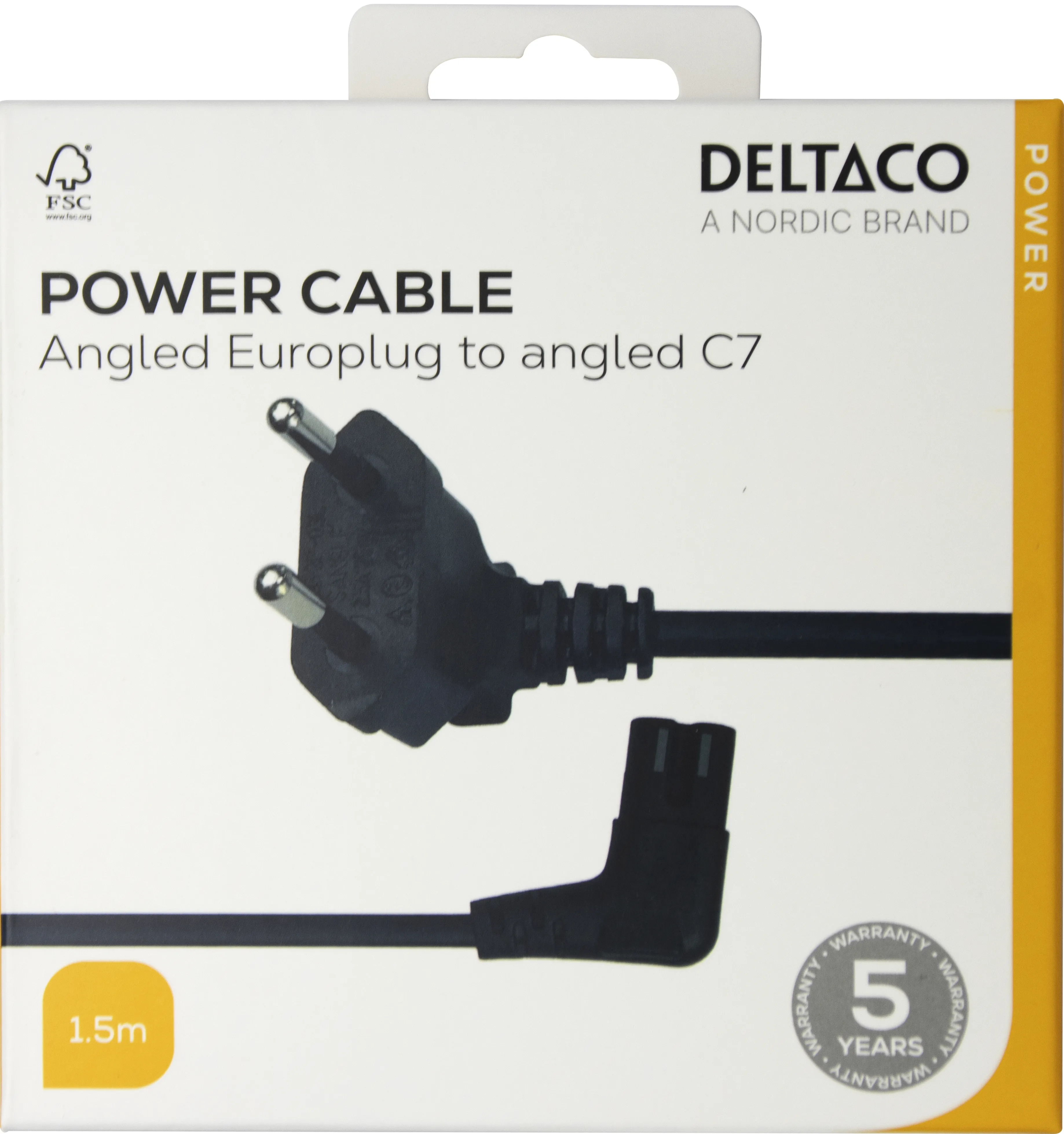 Deltaco CEE 7/16 - C7 angled - power cord, Black, 1.5m