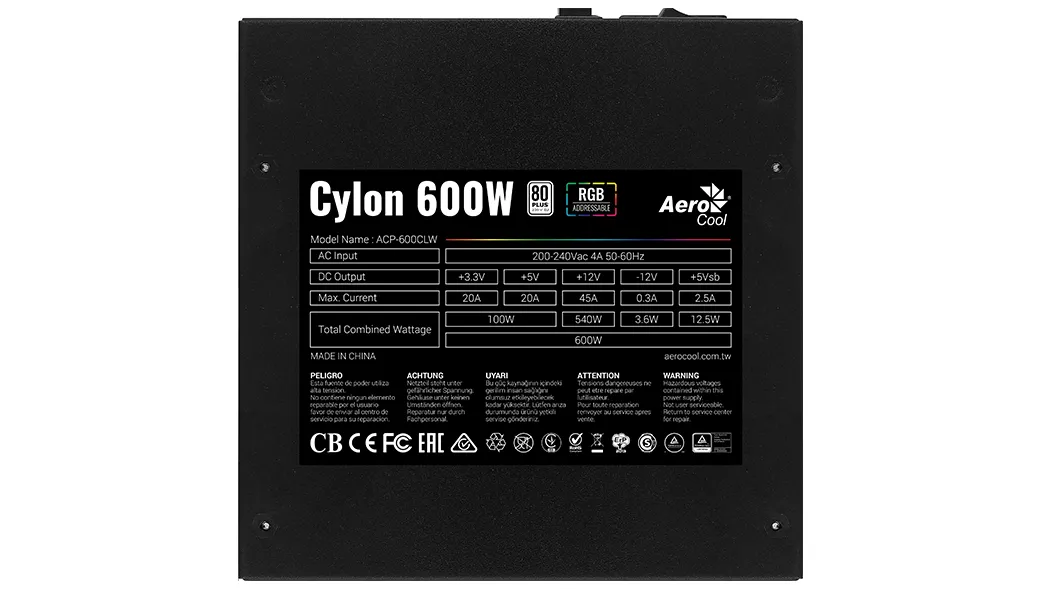 Aerocool Cylon 600W - str&ouml;mk&auml;lla, 80 Plus