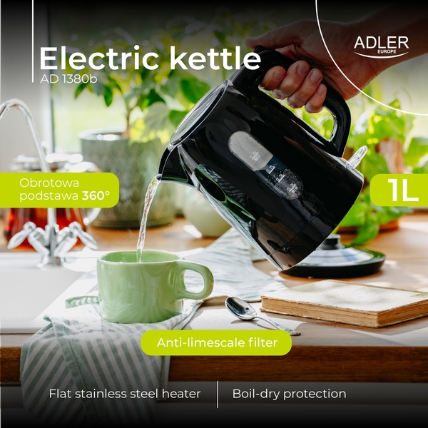 ADLER AD 1380B kettle, 1.0L, 2200W, Black