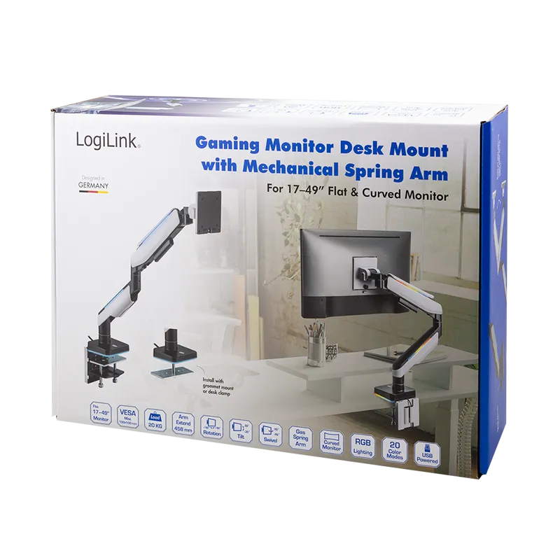 Logilink Gaming RGB Single Gas Spring - monitor arm, White, 17-49&quot;, 20kg