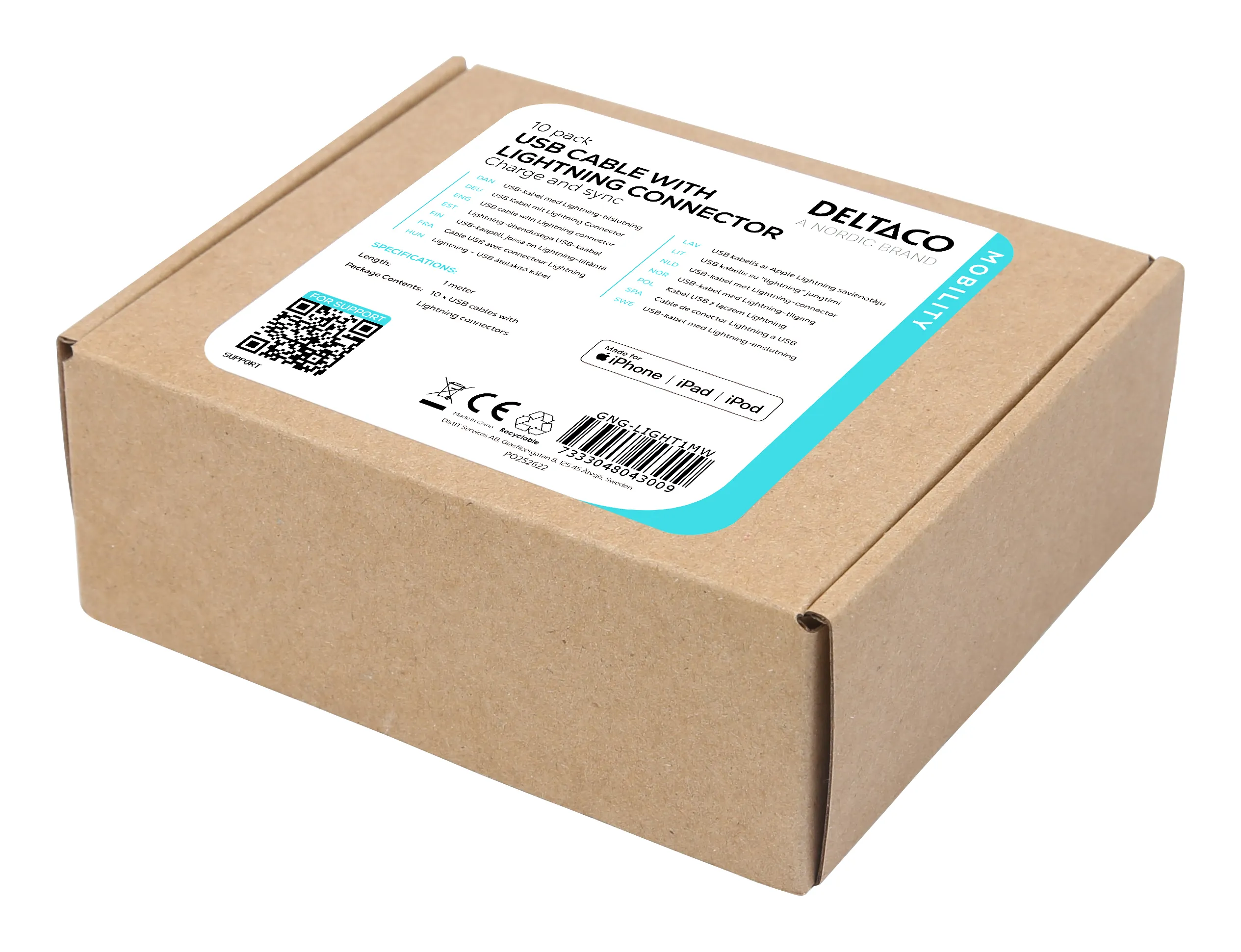 DELTACO USB A - Lightning cable, 10 pcs, MFi, 1 m, refill for display