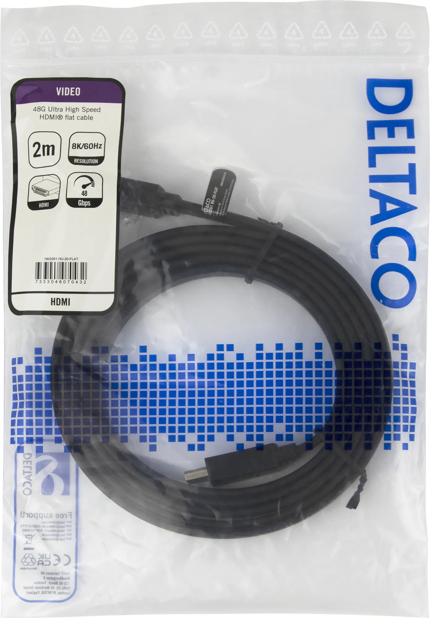 Deltaco HDMI 2.1 Flat - kabel, Svart, 2m