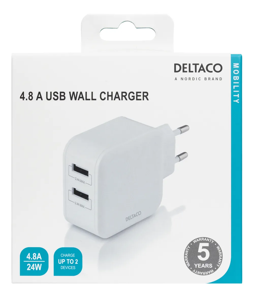 DELTACO USB wall charger, 2x USB-A 2,4 A, total 24 W, white